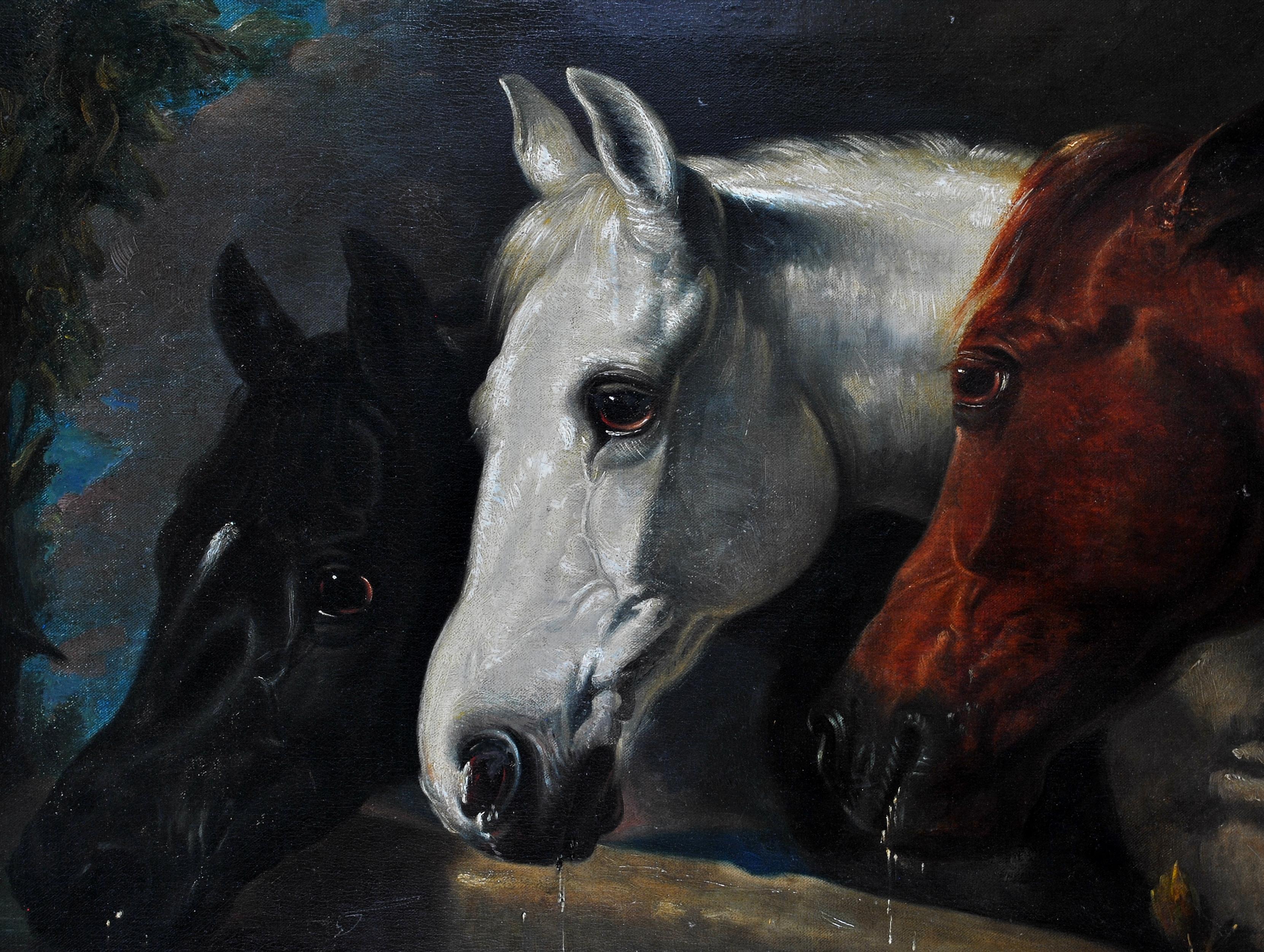 Peinture à l'huile sur toile ancienne du 19ème siècle - Chevaux au bord d'une broche 1