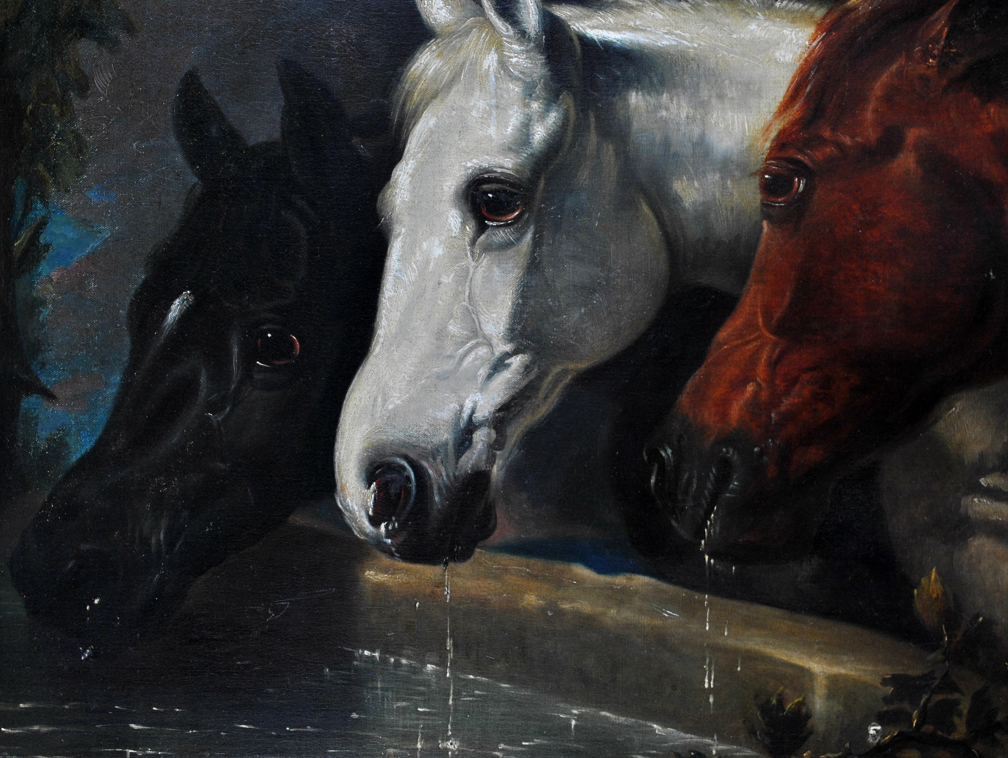 Peinture à l'huile sur toile ancienne du 19ème siècle - Chevaux au bord d'une broche 2