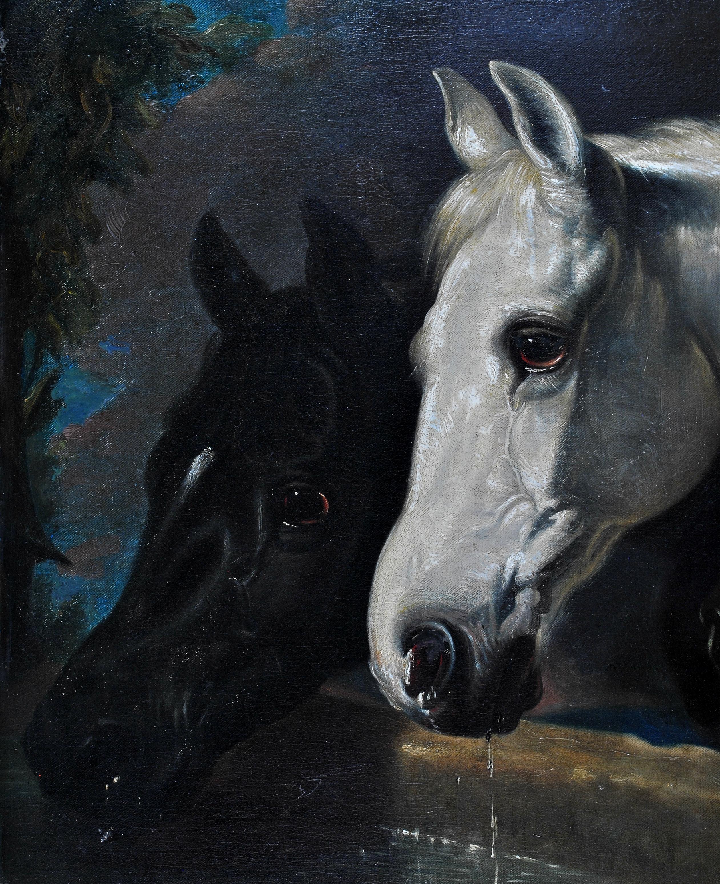 Peinture à l'huile sur toile ancienne du 19ème siècle - Chevaux au bord d'une broche 3