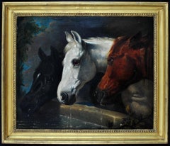 Peinture à l'huile sur toile ancienne du 19ème siècle - Chevaux au bord d'une broche