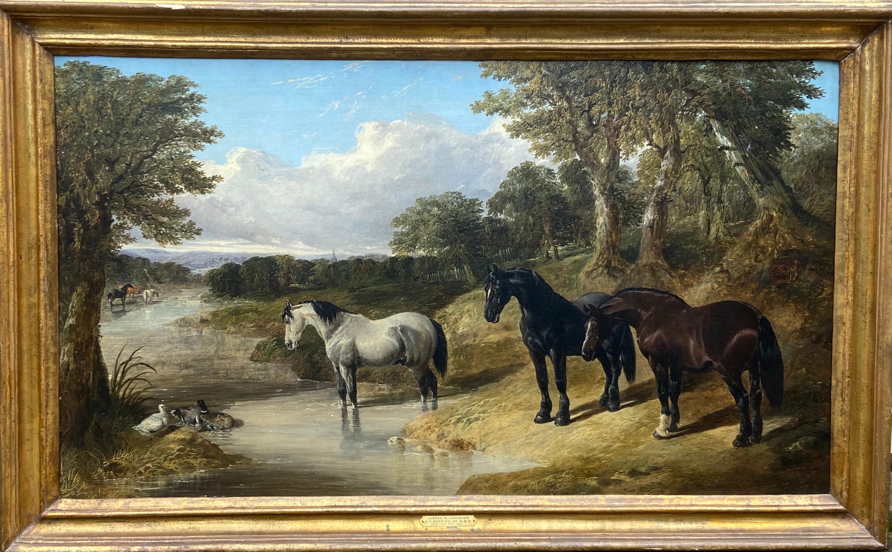 John Frederick Herring Sr. Animal Painting - Portrait of horses, Hunters at Grass (Summer Holidays)