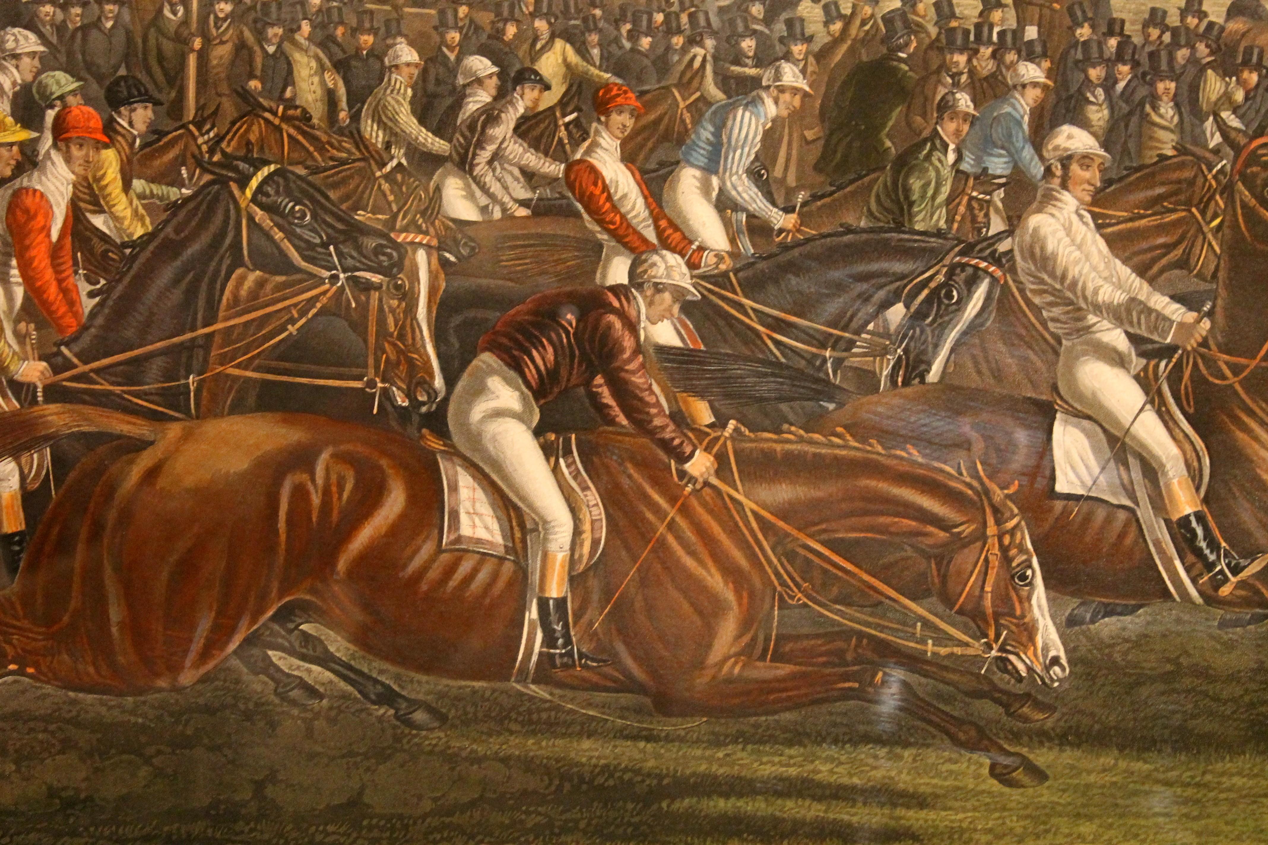 Antique English Hand Colored Engraving Equestrian Landscape Scene in Burl Frame 4