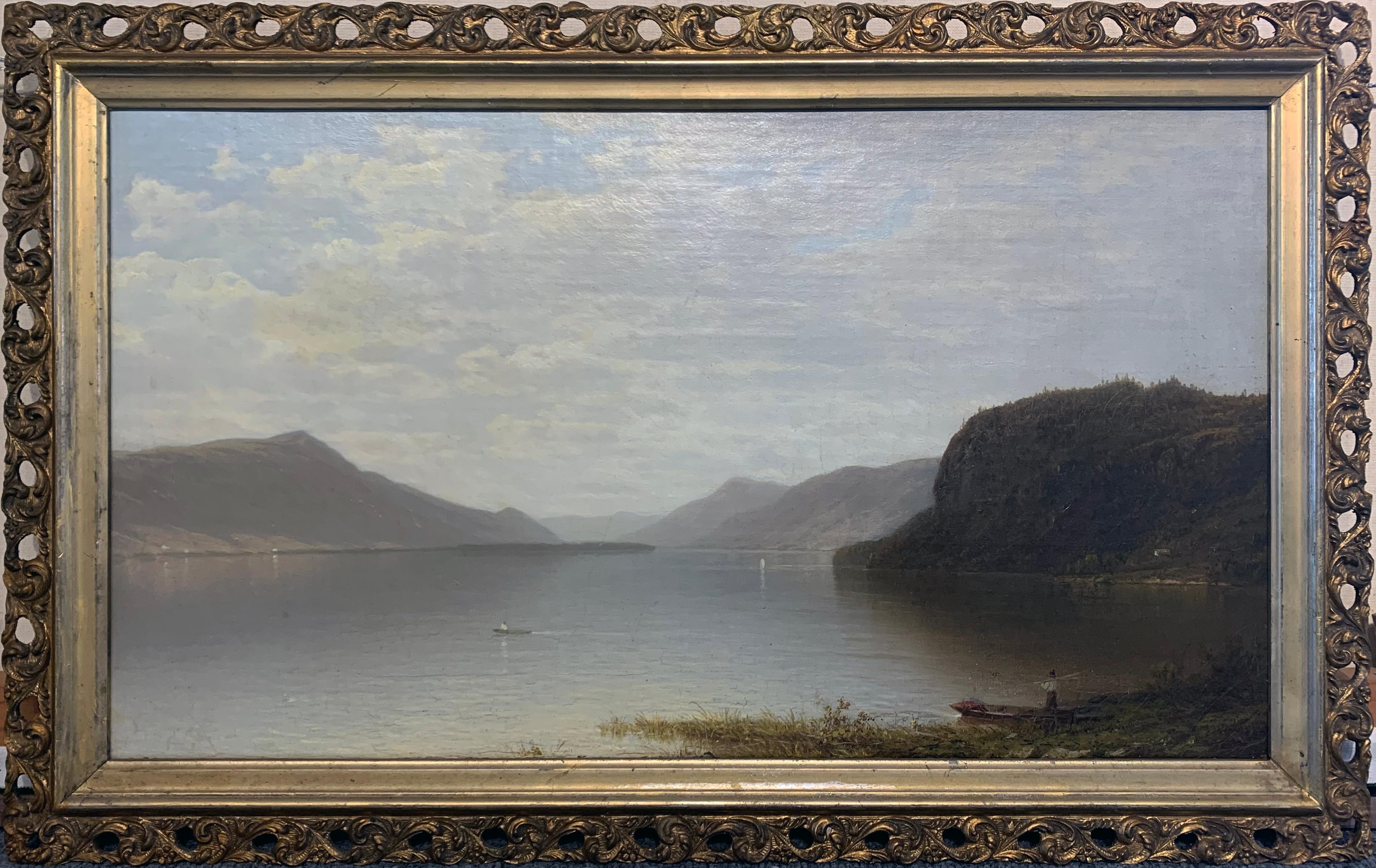 John Frederick Kensett Landscape Painting - Hudson River Landscape with Fishing Boats and Figures, Framed Oil on Canvas