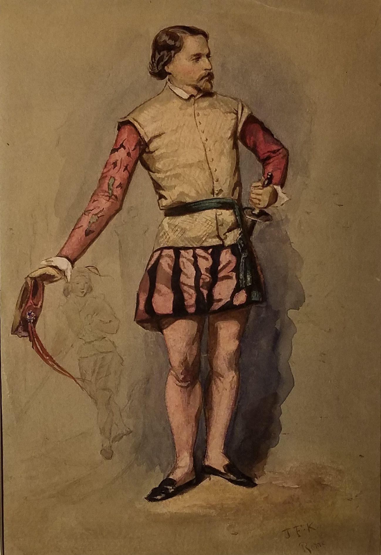 John Frederick Kensett (1816 - 1872)
Porträt eines italienischen Fencers, um 1845-47
Aquarell auf Velin
13 1/8 x 8 1/8 Zoll
Signiert mit Initialen und rechts unten beschriftet „J.F.K. Rome“.

Von Oktober 1845 bis zum Frühjahr 1847 lebte Kensett in