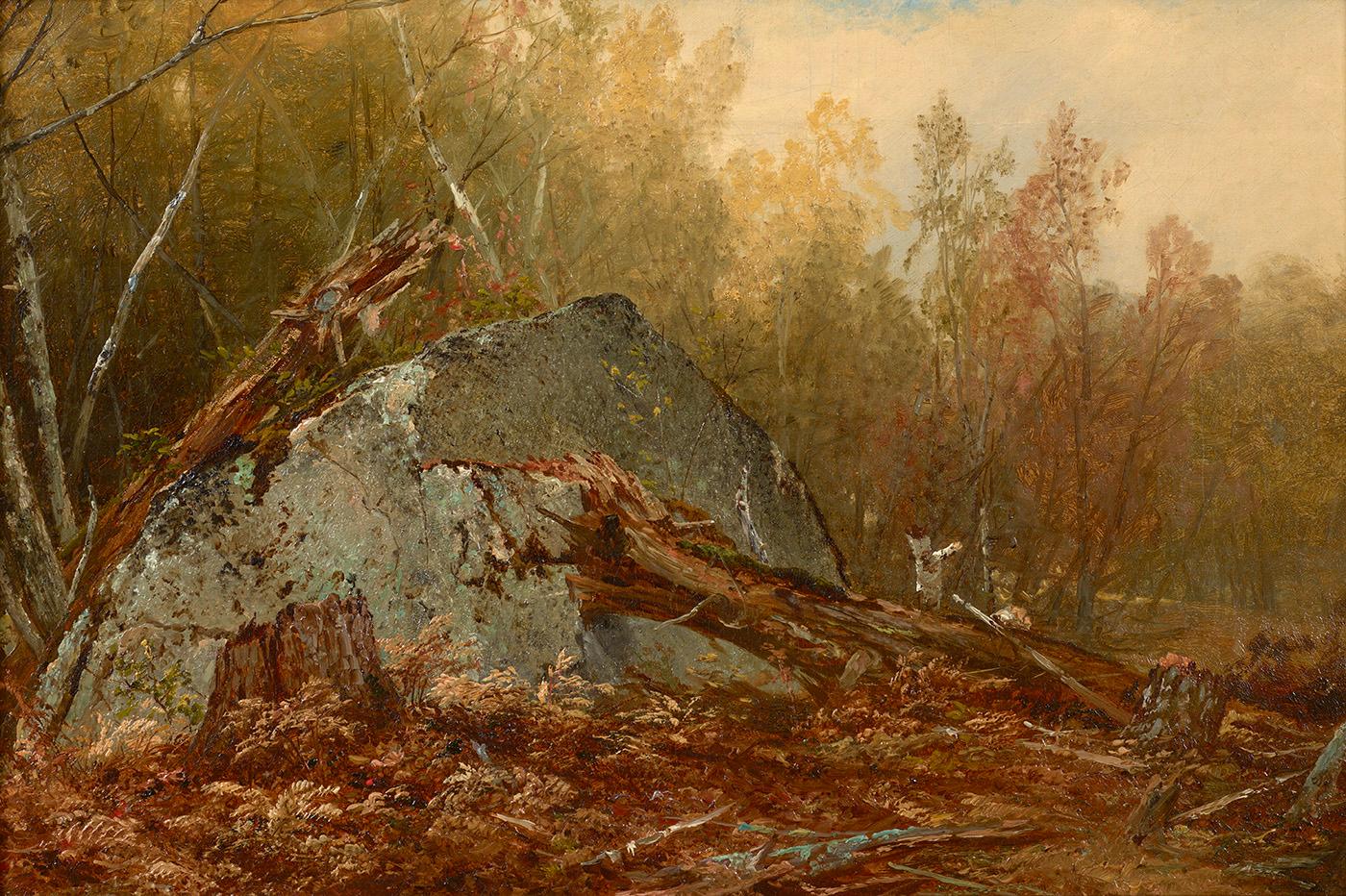 John Frederick Kensett Landscape Painting – Holzinterieur mit Steinen – eine Studie