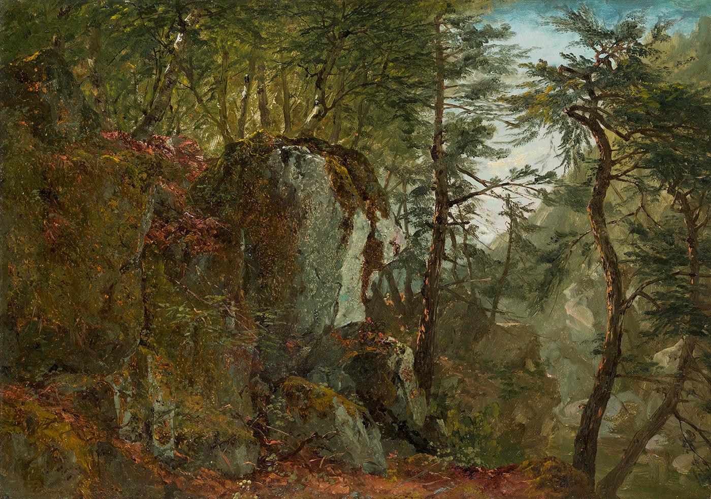 John Frederick Kensett Landscape Painting - Wooded Landscape with Boulders