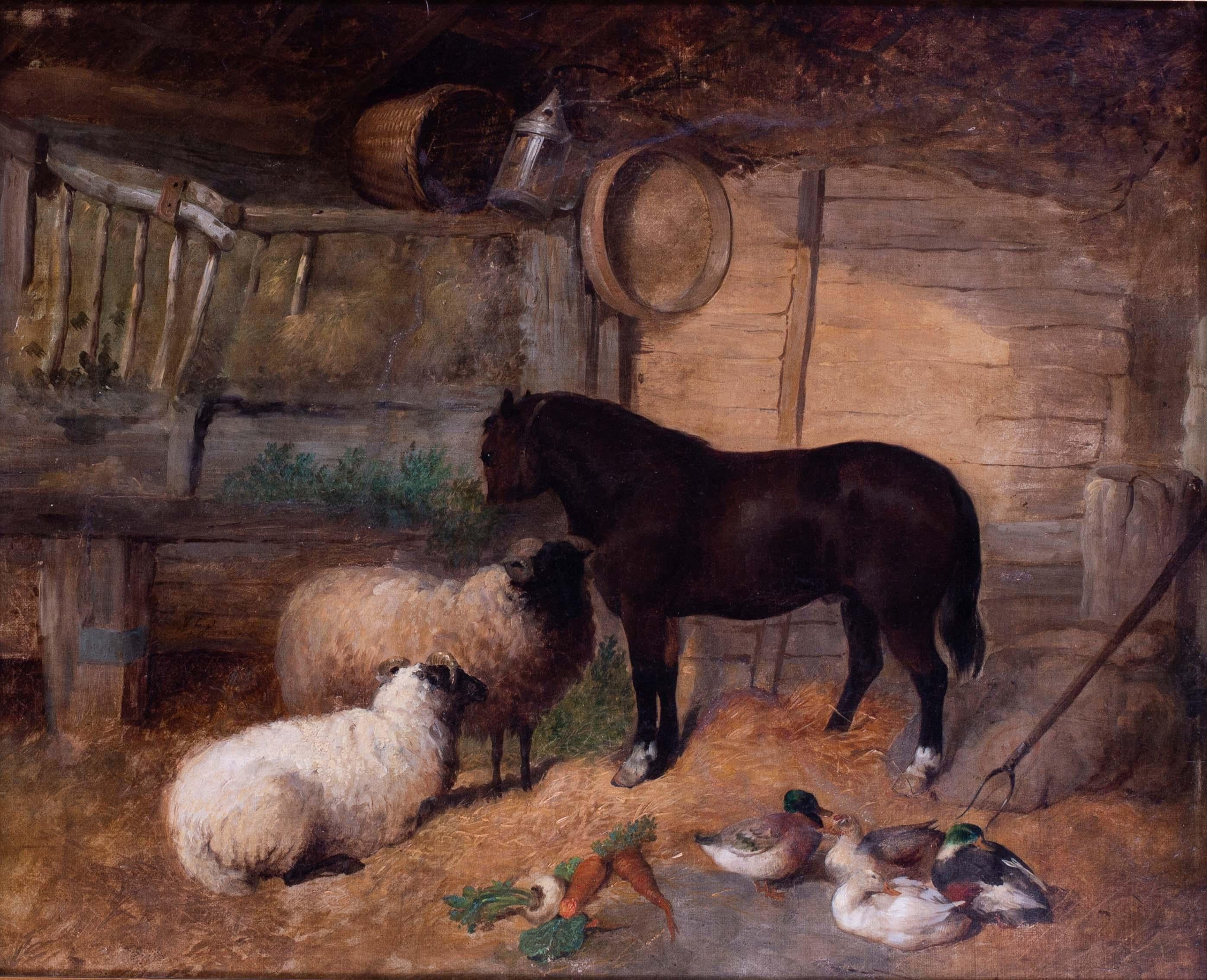 19th Century British rural farmyard scene with ducks, sheep and horse by Pasmore - Painting by John Frederick Pasmore