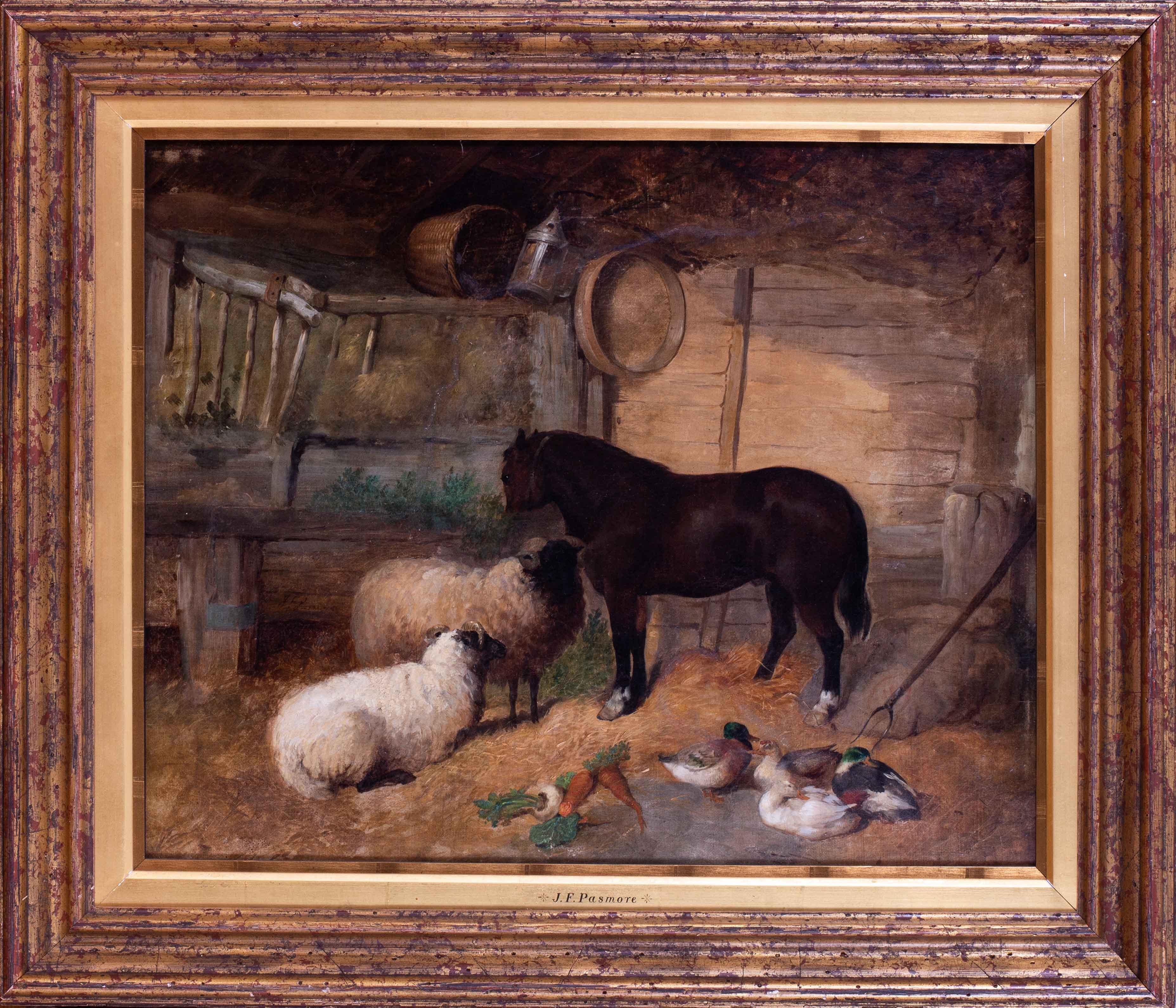 John Frederick Pasmore Animal Painting - 19th Century British rural farmyard scene with ducks, sheep and horse by Pasmore