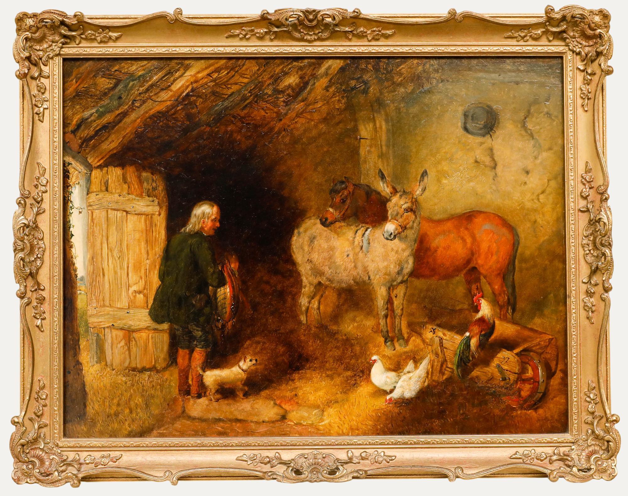 A charming nineteenth-century oil depicting a rustic stable interior with a donkey, pony, hens, and a rooster. The farmer enters carrying a harness with his faithful dog. The artist has taken particular care in the accurate rendering of the animals,