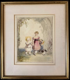 19th Century English Two Young Girls with Flowers & Spaniel Dog Watercolour