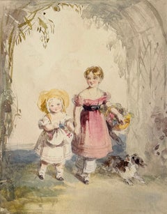 19th Century English Two Young Girls with Flowers & Spaniel Dog Watercolour