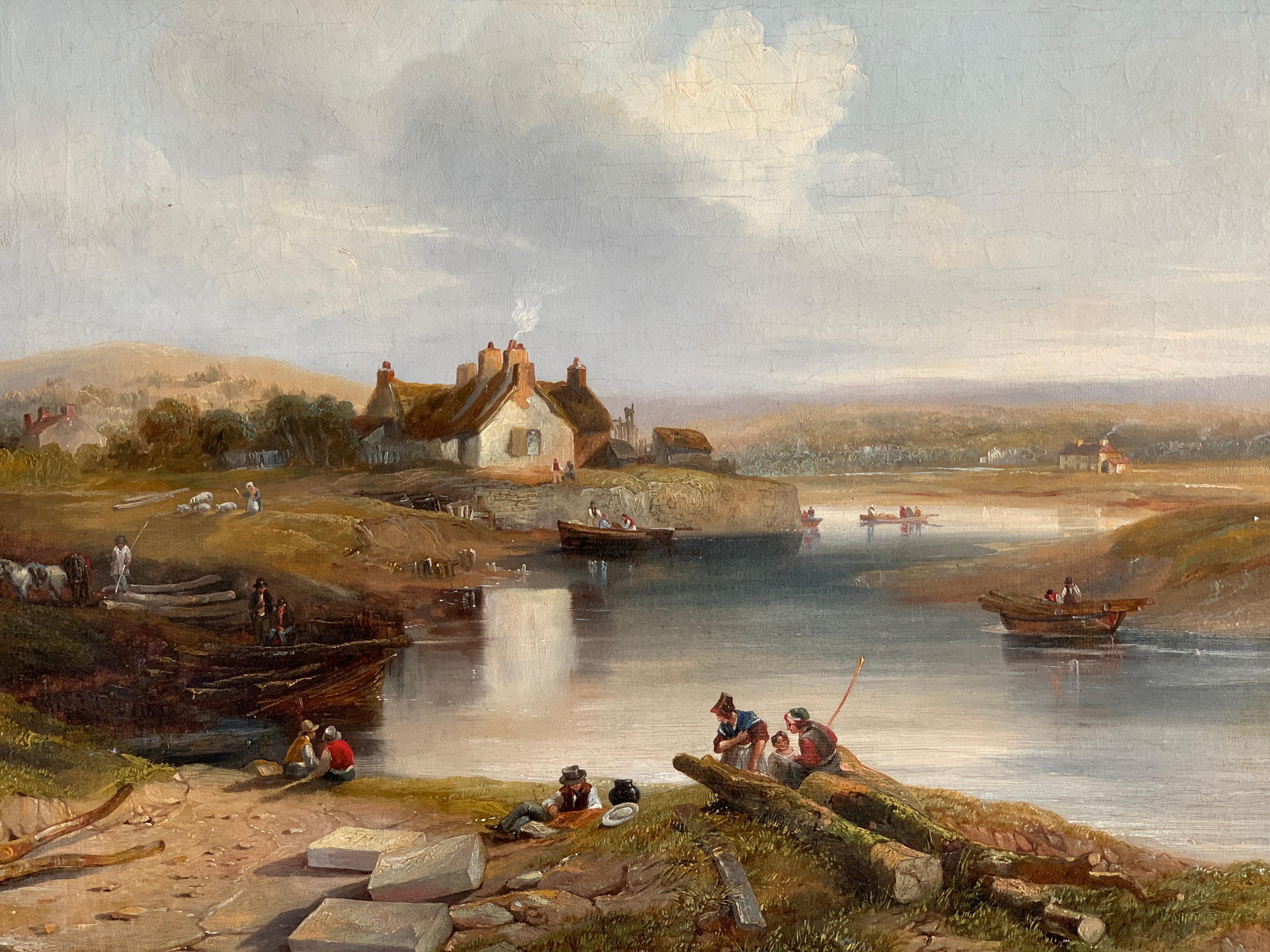 19th century English River landscape with figures, horses, cottage, sheep - Painting by John Frederick Tennant