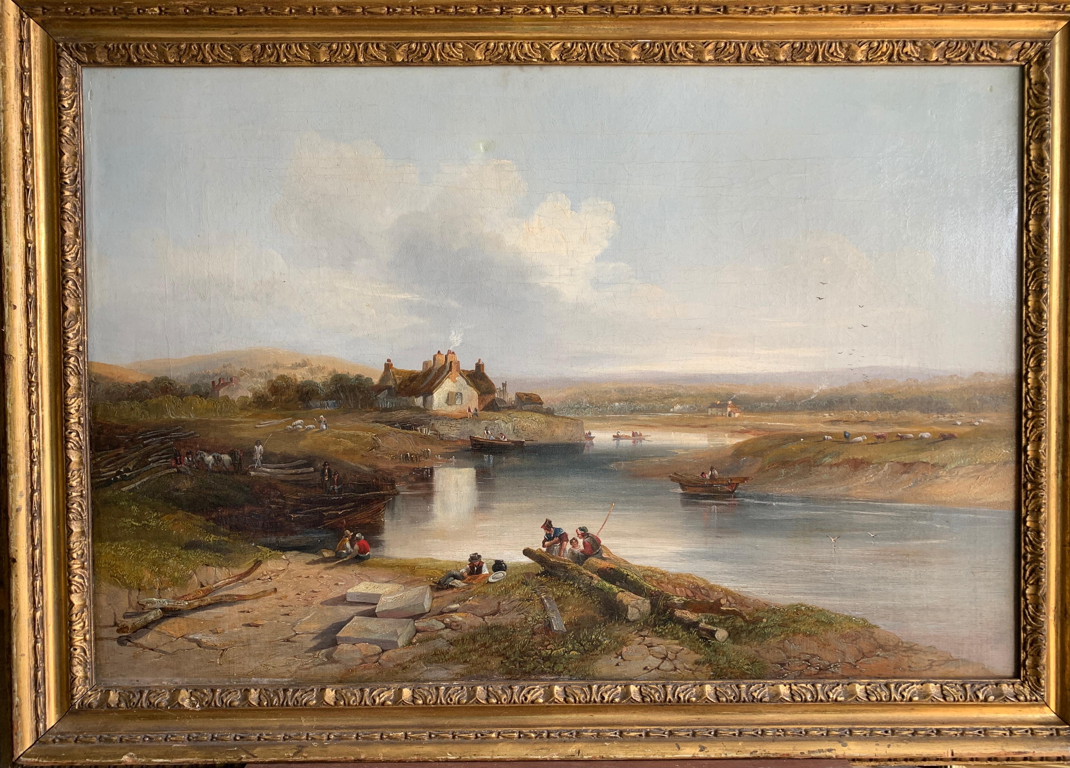 John Frederick Tennant Landscape Painting - 19th century English River landscape with figures, horses, cottage, sheep