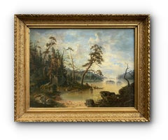 "Fisherman in an Archipelago" - Framed 19th-Century Antique Landscape Painting