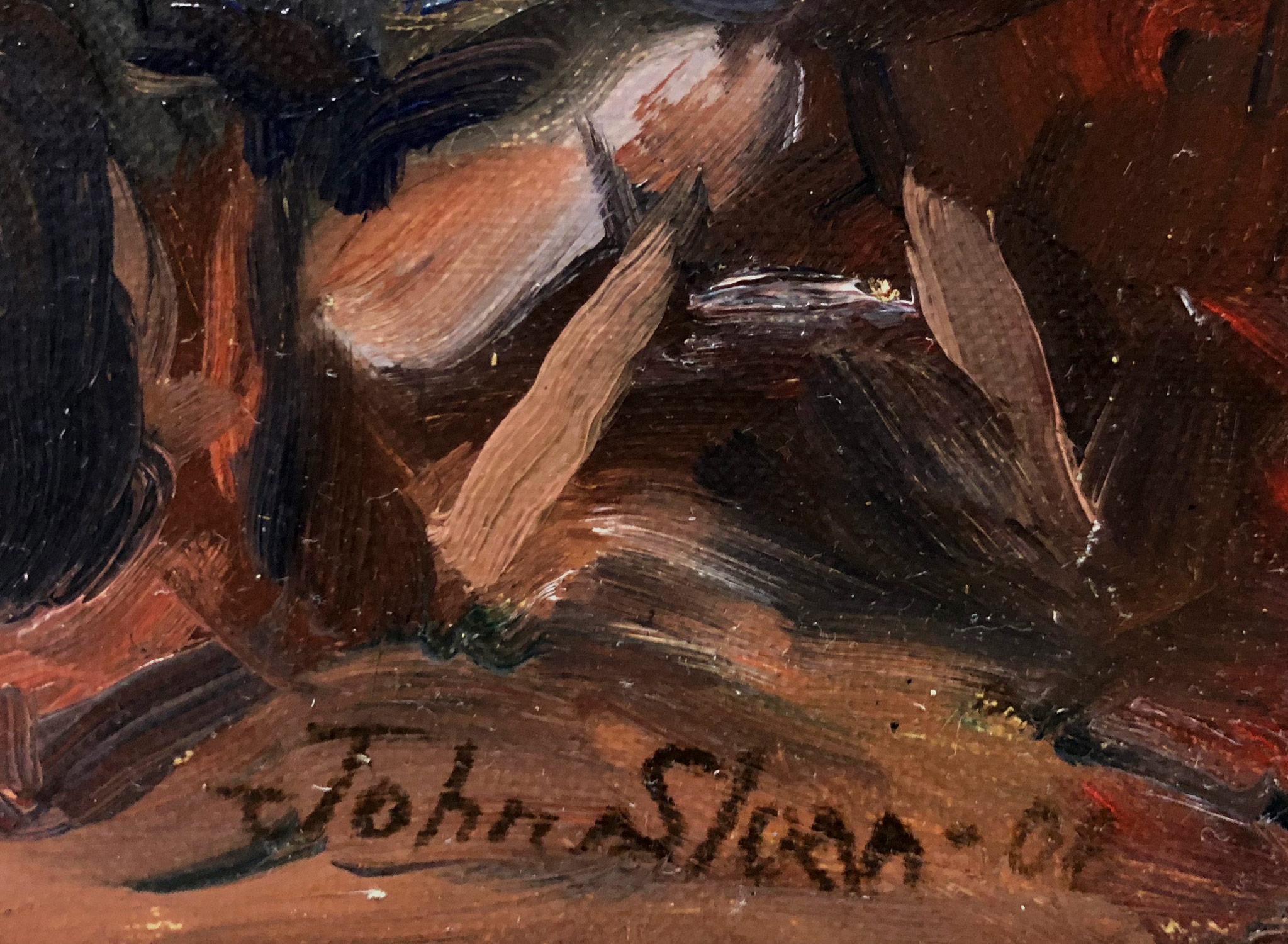 Sloan was noted as one of the 8 and founders from the Ashcan School and credited a leading example in art during the early 20th Century. This piece is from 1908 and depicts figures in an interior done with quick brush work and gestural placement of
