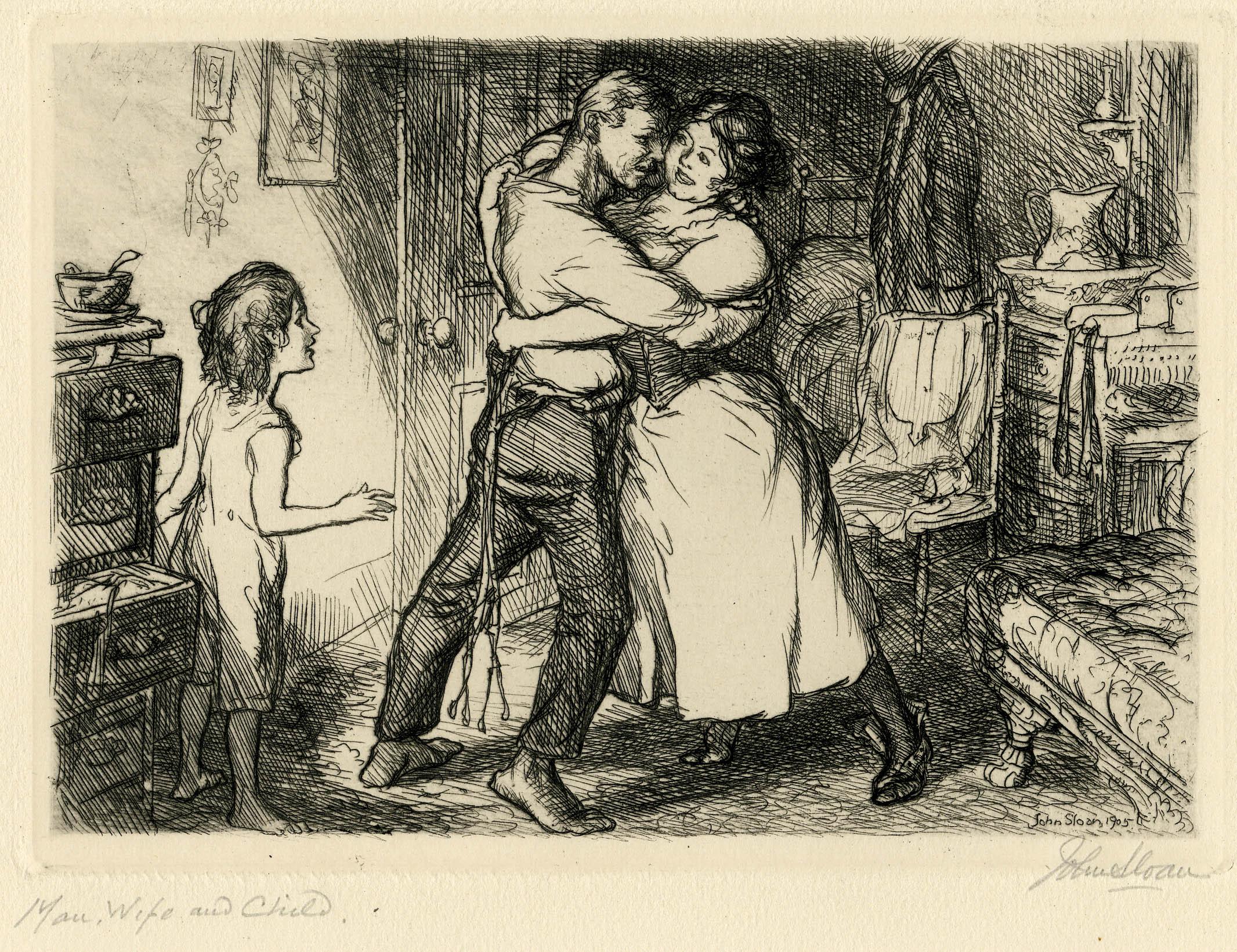 Figurative Print John French Sloan - L'homme, la femme et le Child & Child