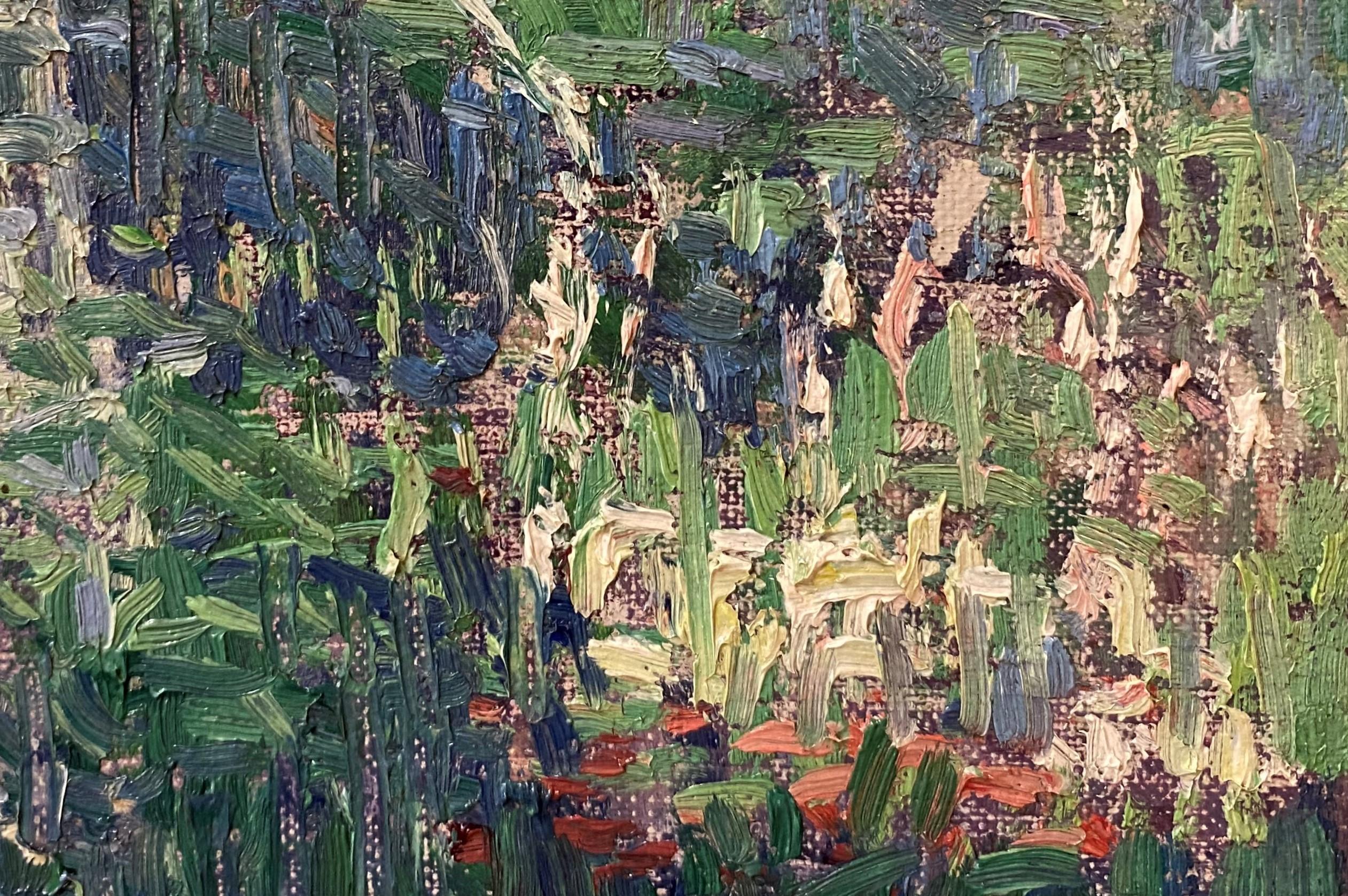 Eine schöne impressionistische Landschaft mit einer unter einem Gartentor oder Spalier sitzenden Figur mit blühenden Blumen des amerikanischen Künstlers John Fulton Folinsbee (1892-1972). Folinsbee wurde in Buffalo, New York, geboren und verbrachte