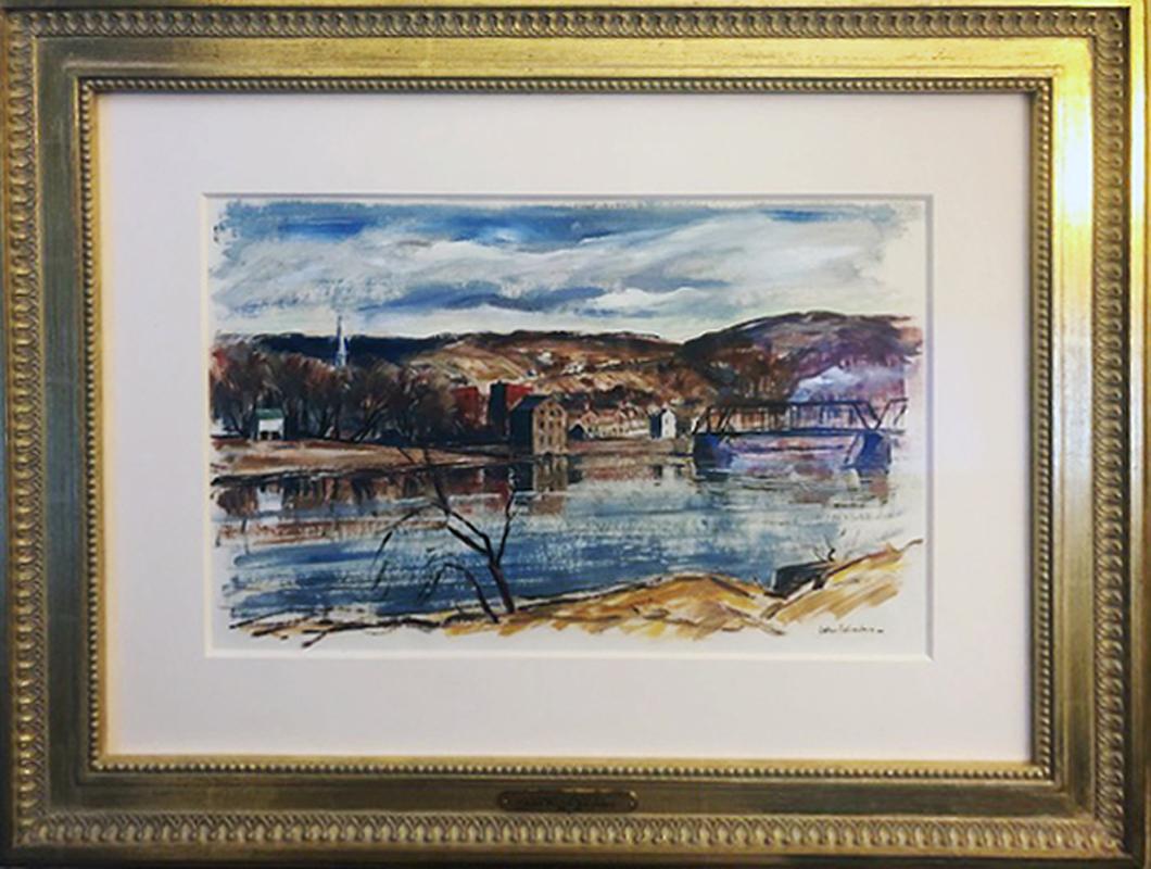 John Folinsbee, View of New Hope from Lambertville, Oil on Paper, Signed - Painting by John Fulton Folinsbee