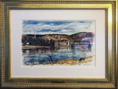 John Folinsbee, View of New Hope from Lambertville, Oil on Paper, Signed