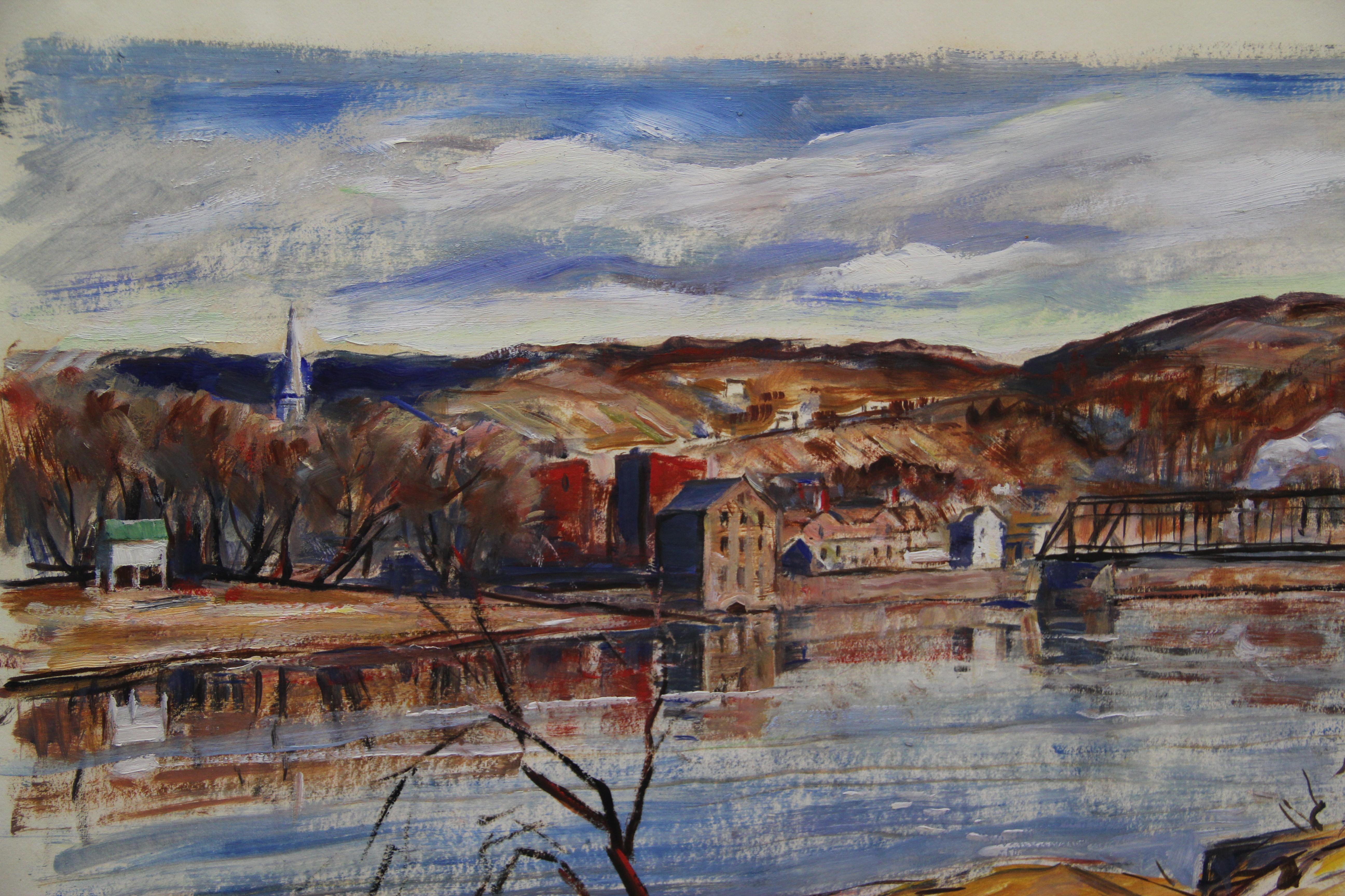 John Folinsbee, View of New Hope from Lambertville, Oil on Paper, Signed - American Impressionist Painting by John Fulton Folinsbee