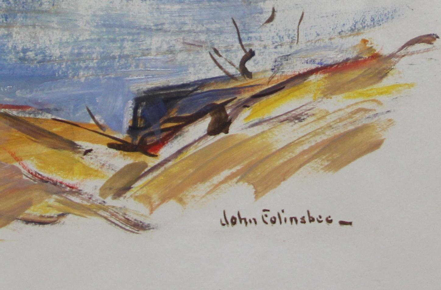 John Folinsbee, View of New Hope from Lambertville, Oil on Paper, Signed - Gray Landscape Painting by John Fulton Folinsbee