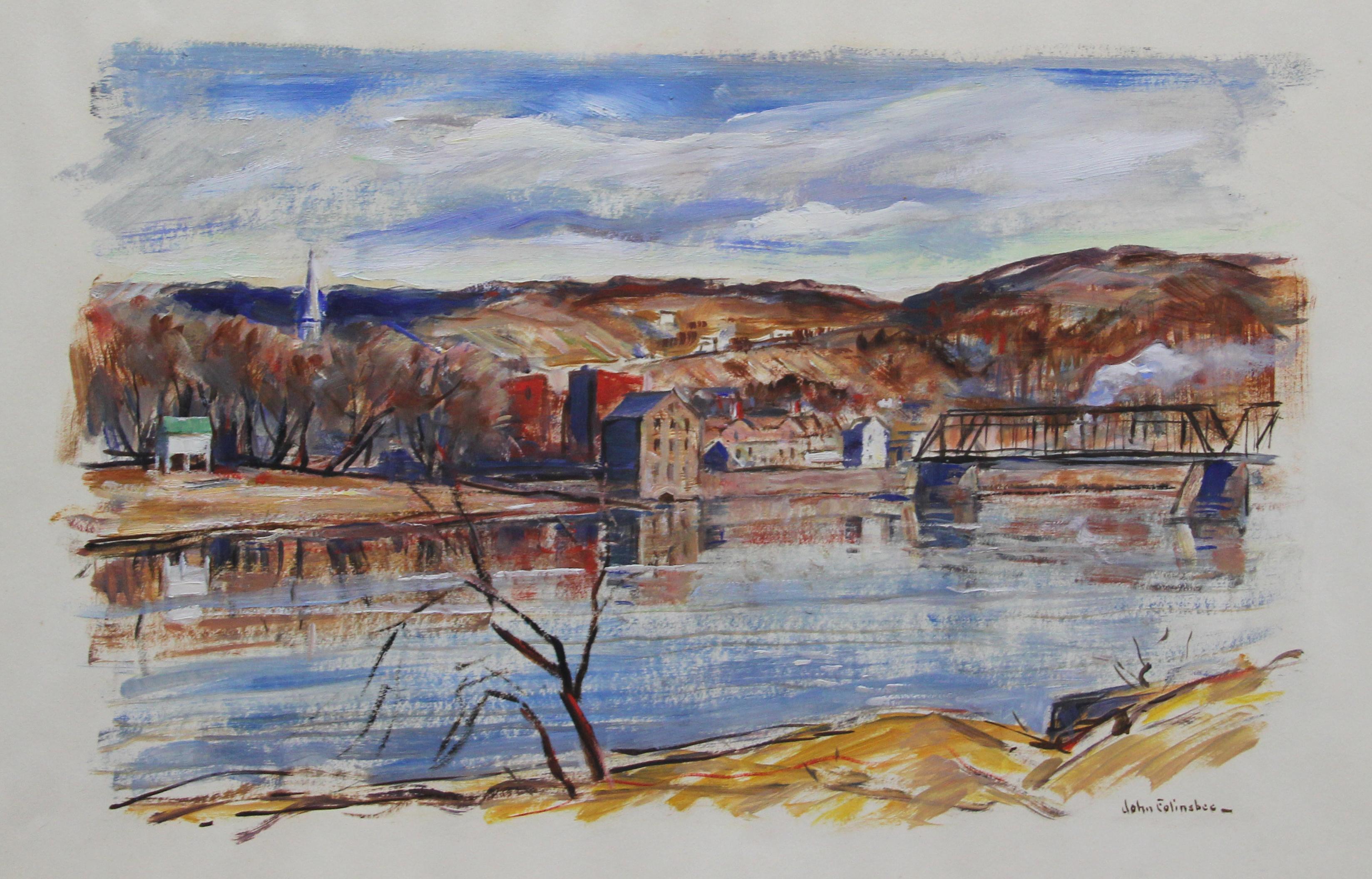 John Fulton Folinsbee Landscape Painting - John Folinsbee, View of New Hope from Lambertville, Oil on Paper, Signed
