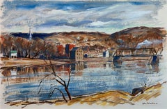 Antique View of Lambertville, NJ, Pennsylvania Impressionist Landscape by Delaware River