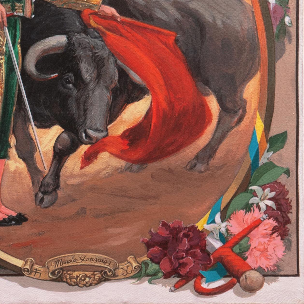 « Manolo Gonzalez » Plaza de Toros, Maestranza, Seville, Bullfighting, Matador - Marron Portrait Painting par John Fulton