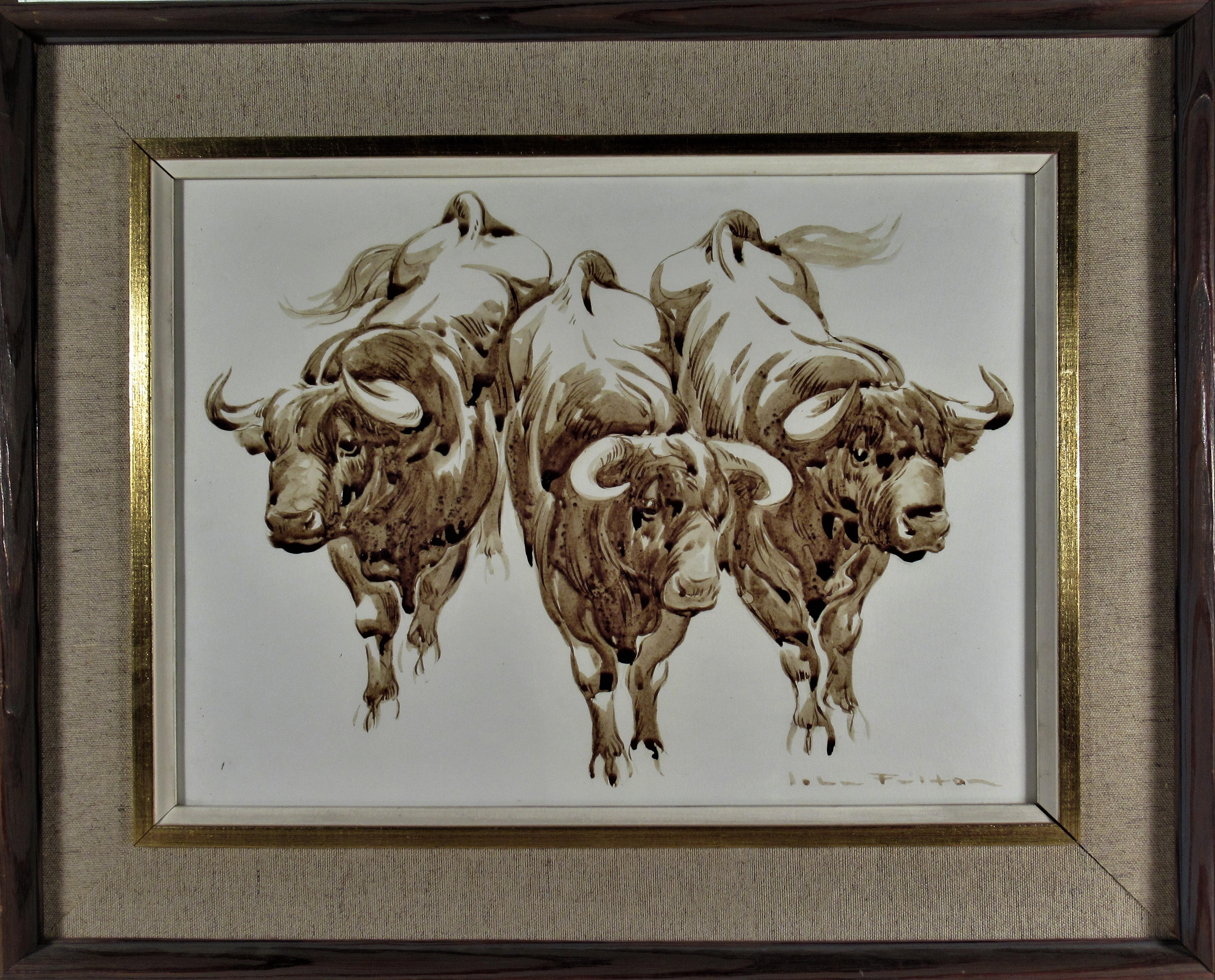 Three bulls - Mixed Media Art by John Fulton Short