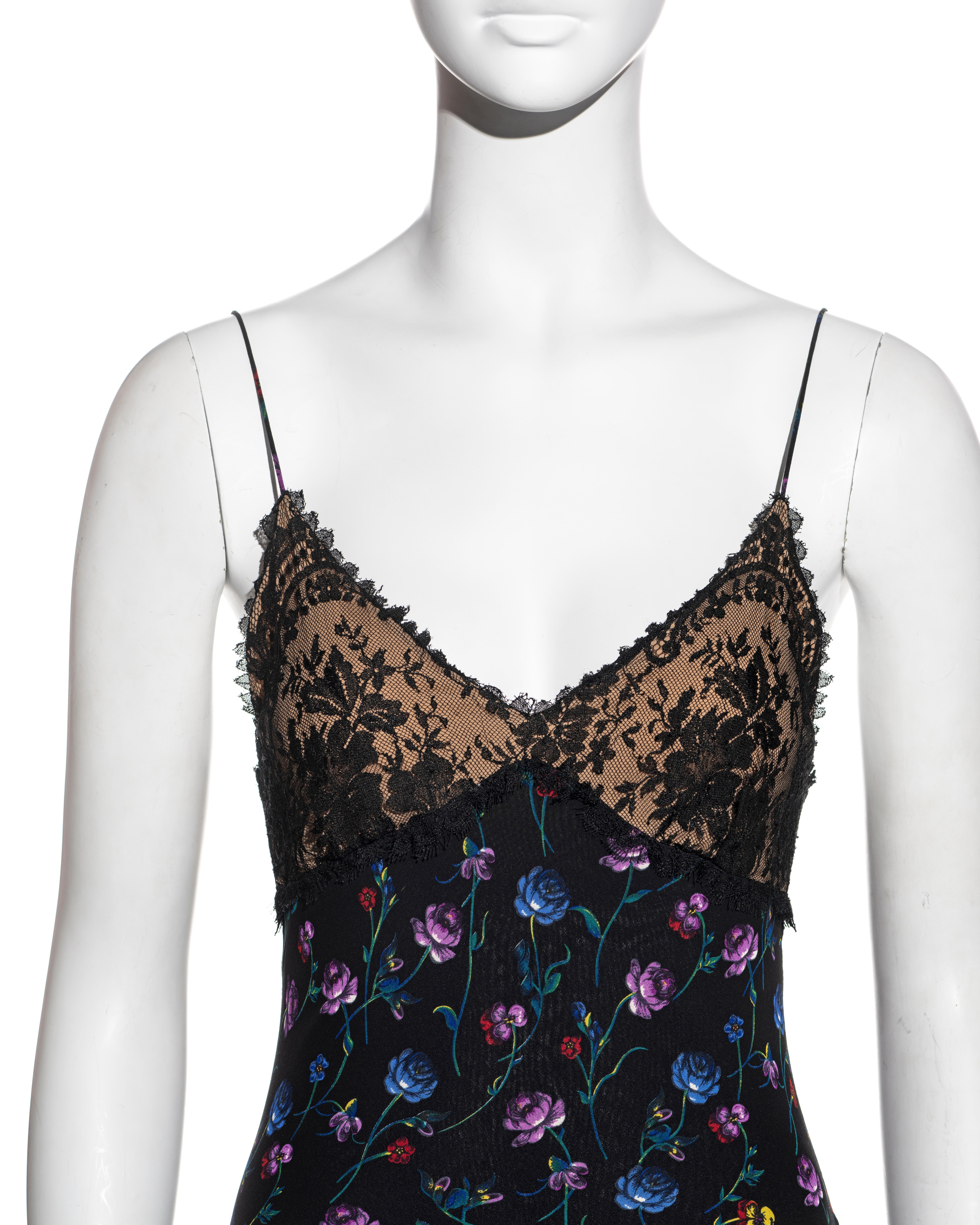 Black John Galliano floral silk jacquard and lace mini slip dress, ss 1997