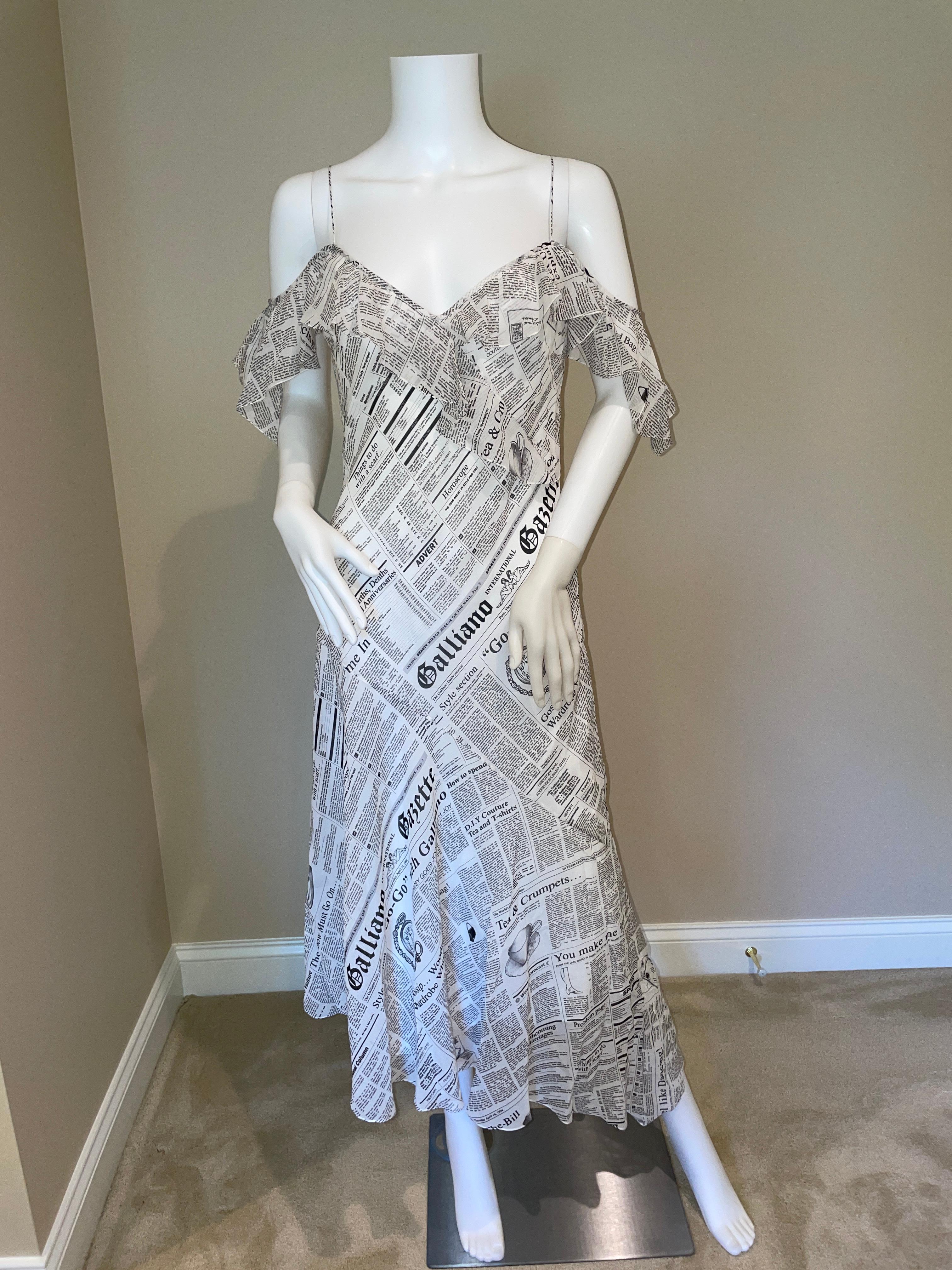 2018 or 2019 100% silk, John Galliano ruffle off-the-shoulder maxi dress. Newspaper gazette print, famous from SATC (sex and the city, dior carrie bradshaw vibes). No flaws, New with tags. F40.