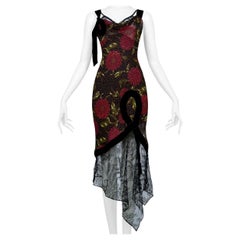 John Galliano 1990s Black Floral Silk And Lace Cocktail Dress