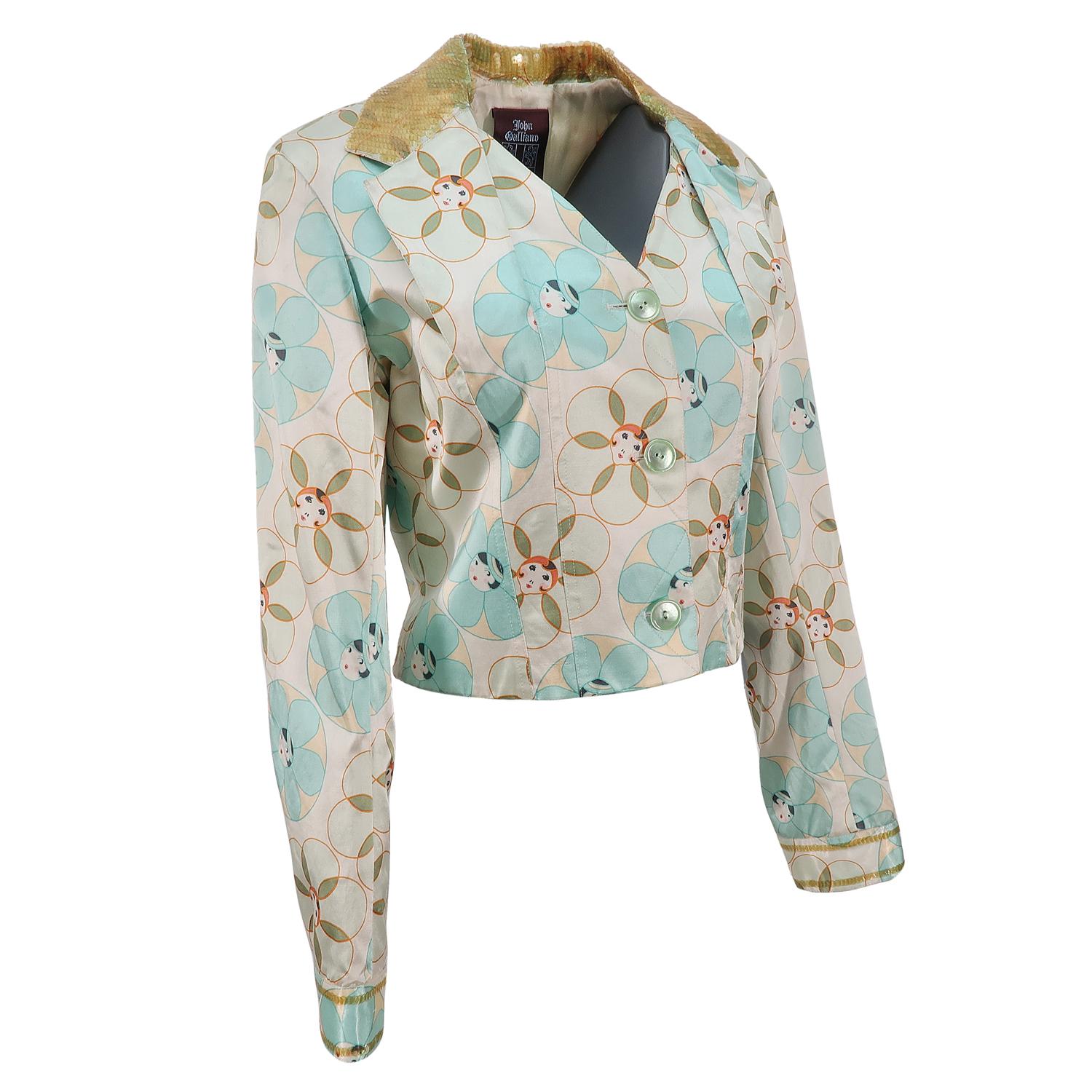 Hollywood Glamour was always on John Galliano’s mind and his penchant for opulence is the stuff of fashion legends. This adorable printed jacket, whose collar and sleeves are embellished with shimmery sequins, emphasizes the chest and underlines the