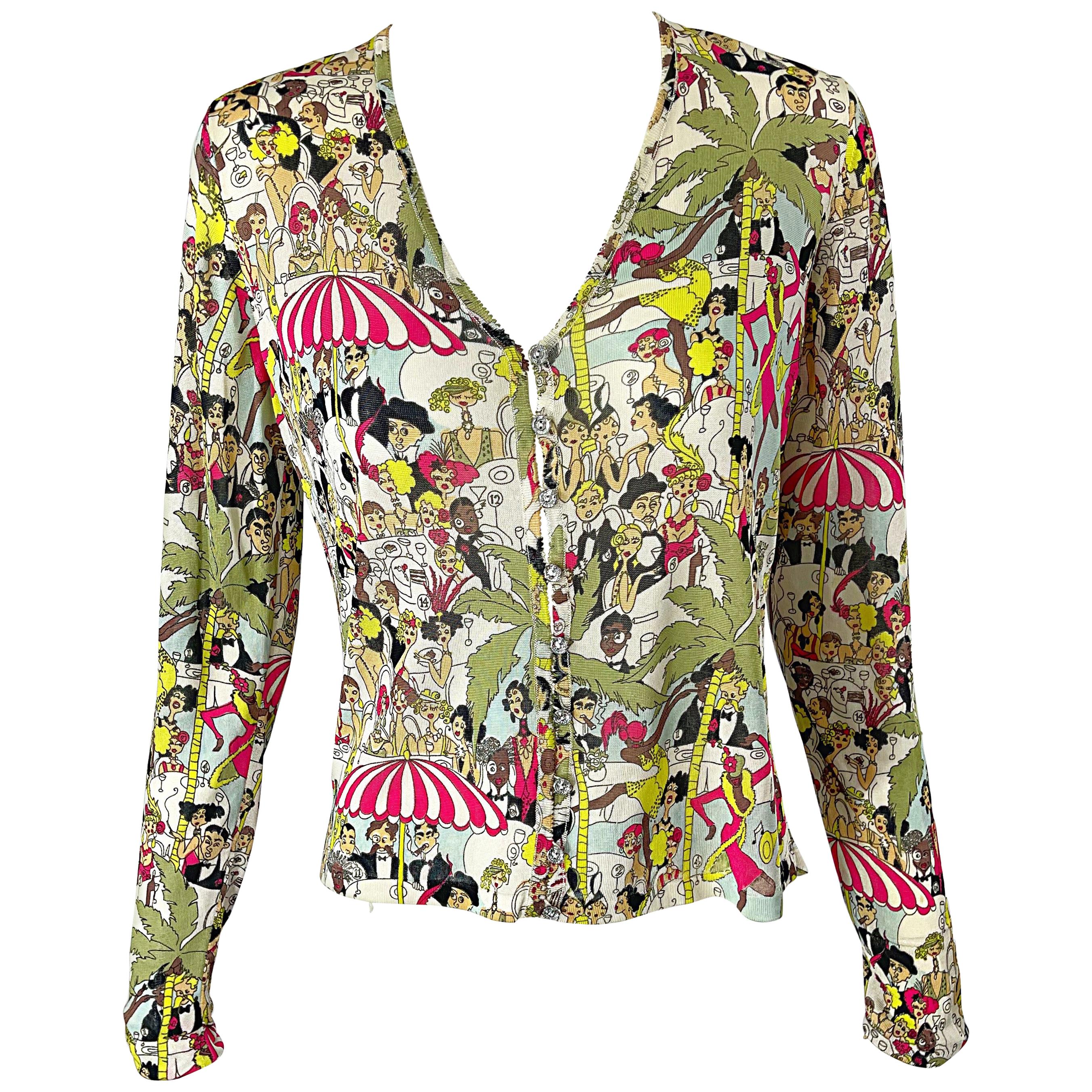 John Galliano 1990er Gatsby 20er Jahre Print Rayon Vintage 90er Strickjacke Top mit Trägermuster 