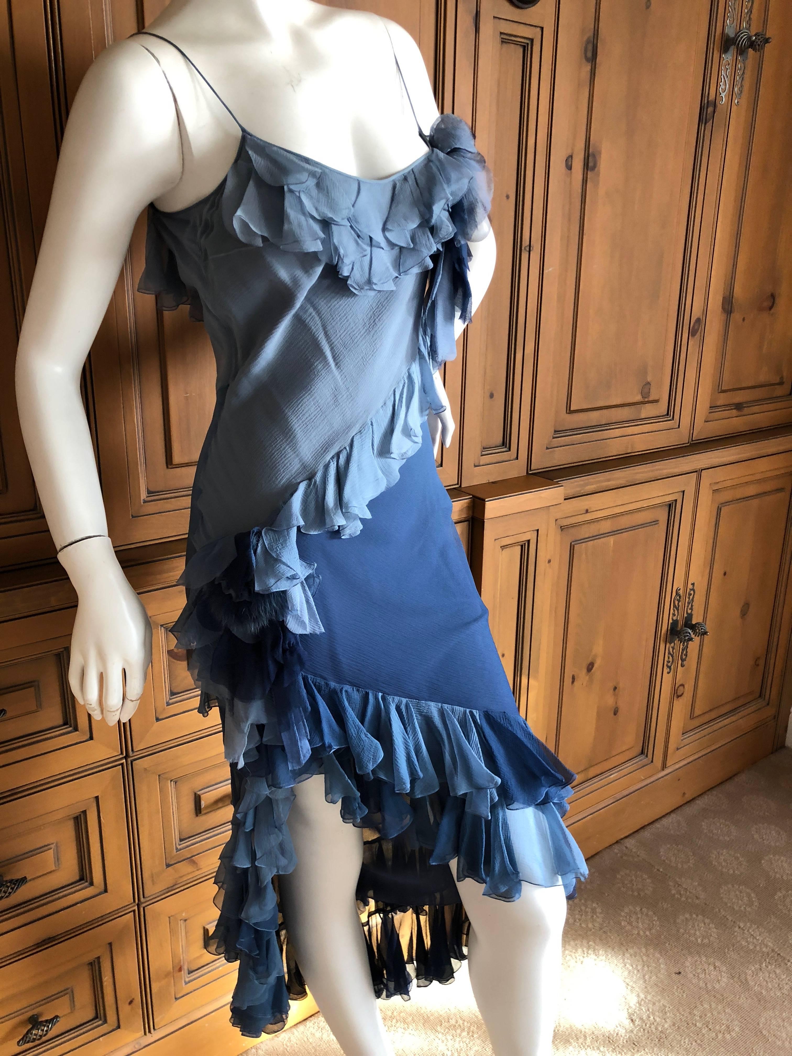 John Galliano 1990's Label Silk Ruffle Ombre Dress with Fur Trim Floral Accents In Excellent Condition For Sale In Cloverdale, CA