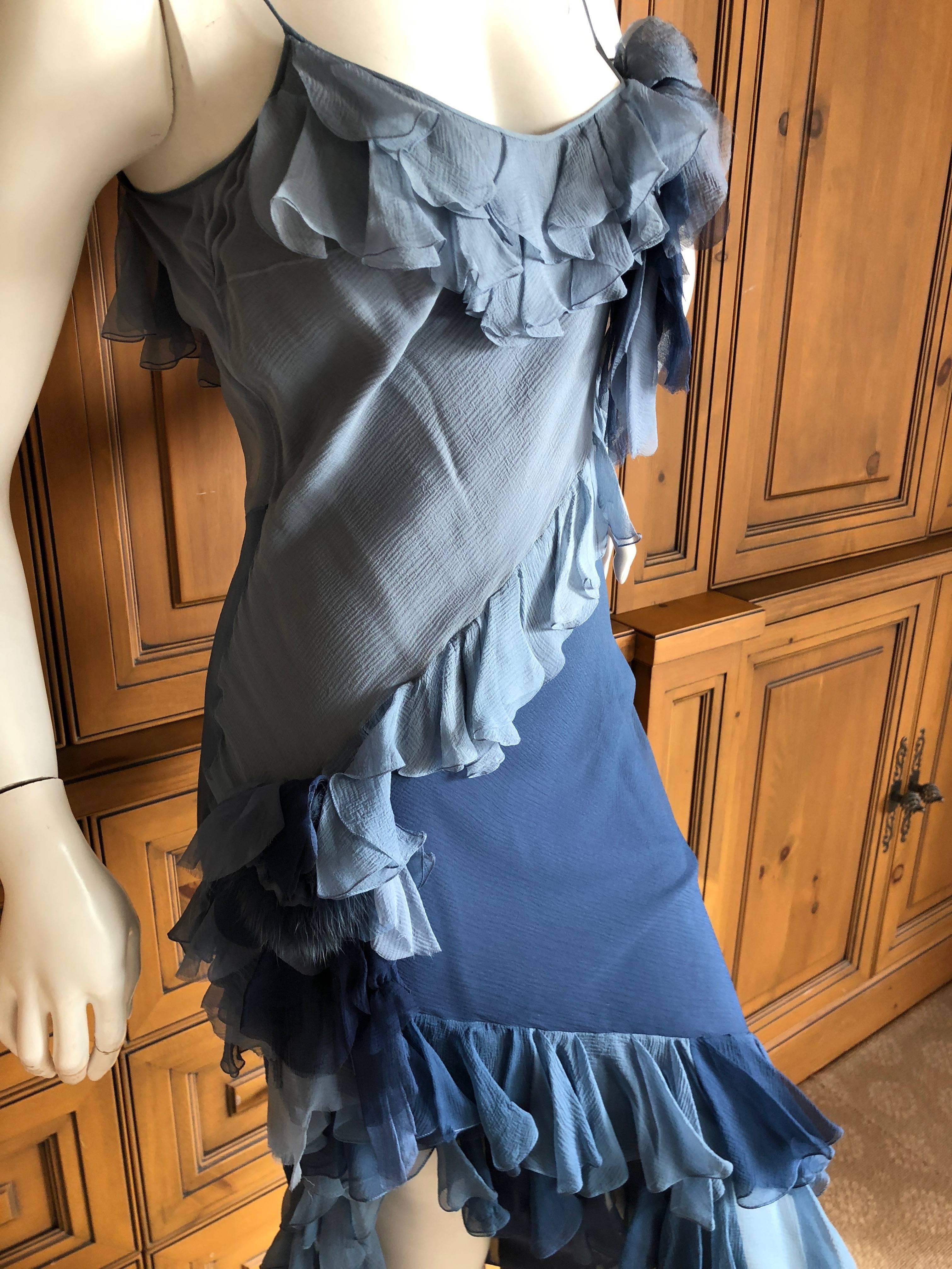 Women's John Galliano 1990's Label Silk Ruffle Ombre Dress with Fur Trim Floral Accents For Sale