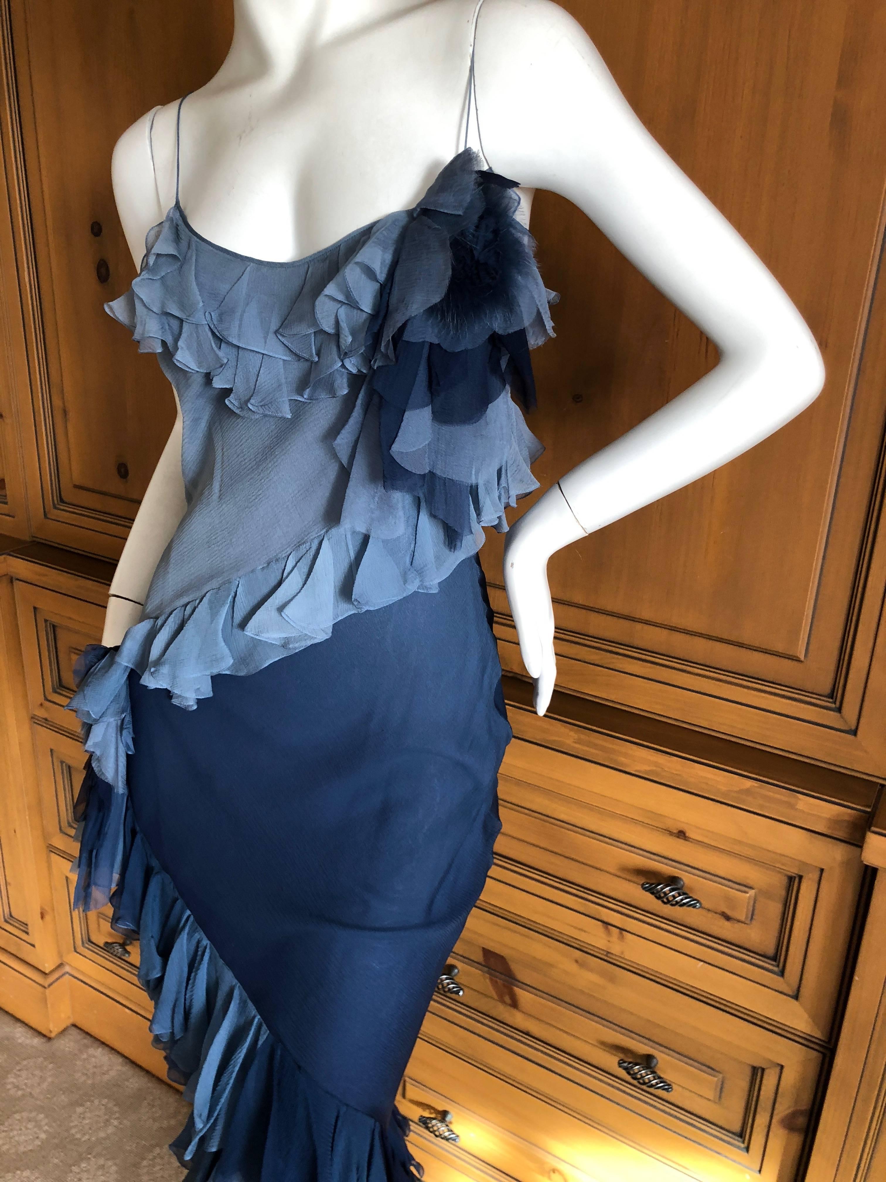 John Galliano 1990's Label Silk Ruffle Ombre Dress with Fur Trim Floral Accents For Sale 2