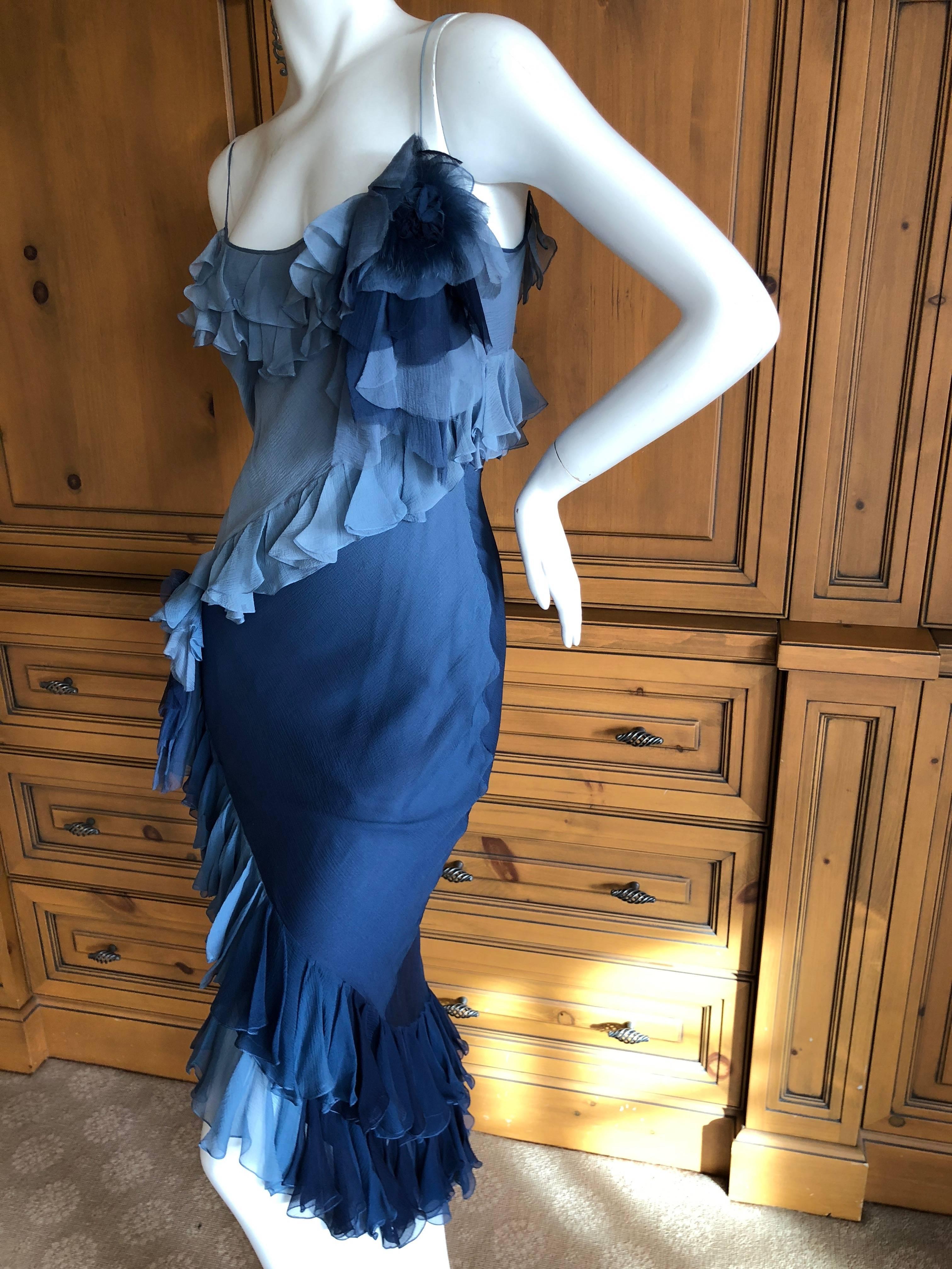 John Galliano 1990's Label Silk Ruffle Ombre Dress with Fur Trim Floral Accents For Sale 4
