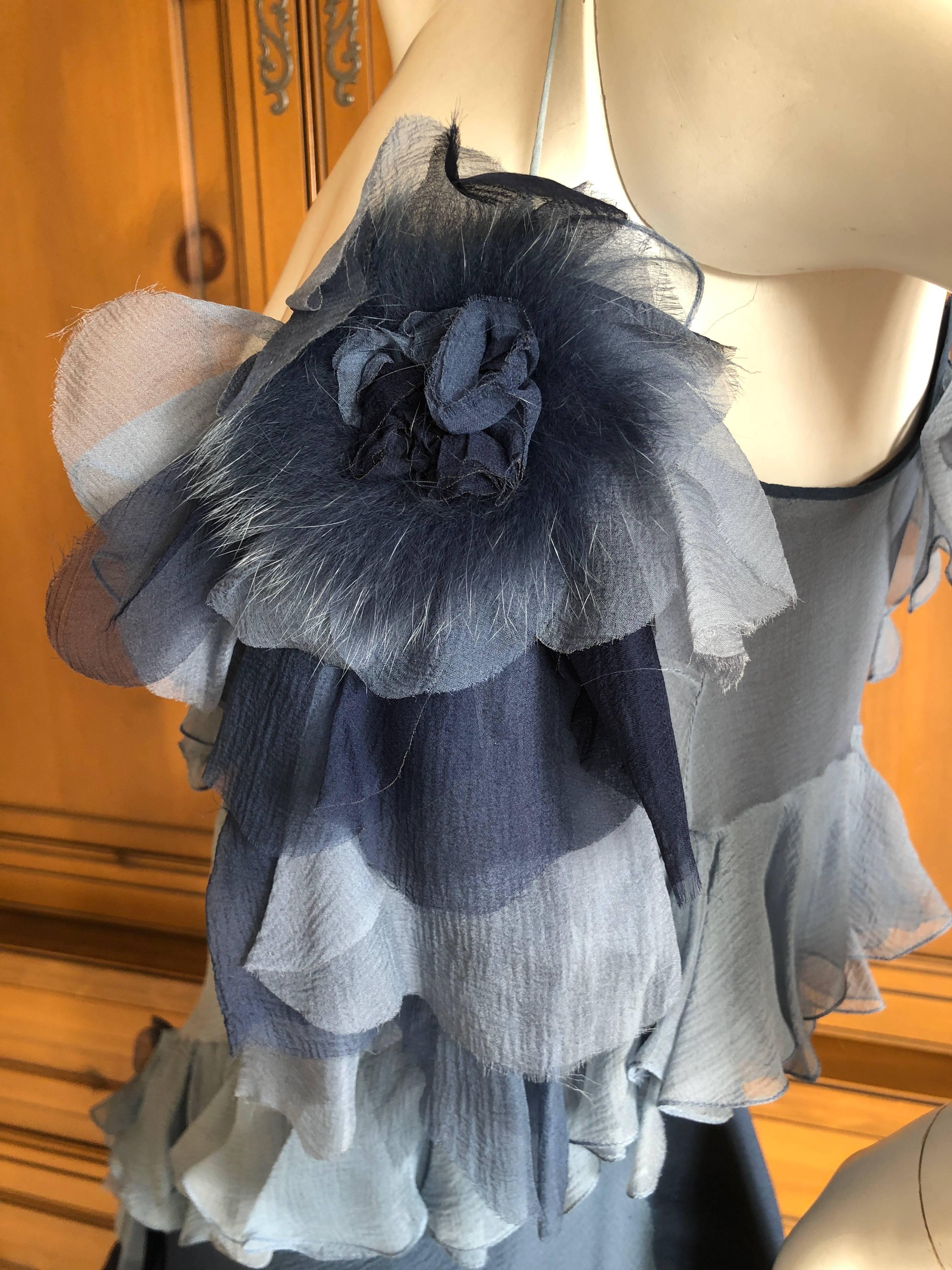 John Galliano 1990's Label Silk Ruffle Ombre Dress with Fur Trim Floral Accents For Sale 5