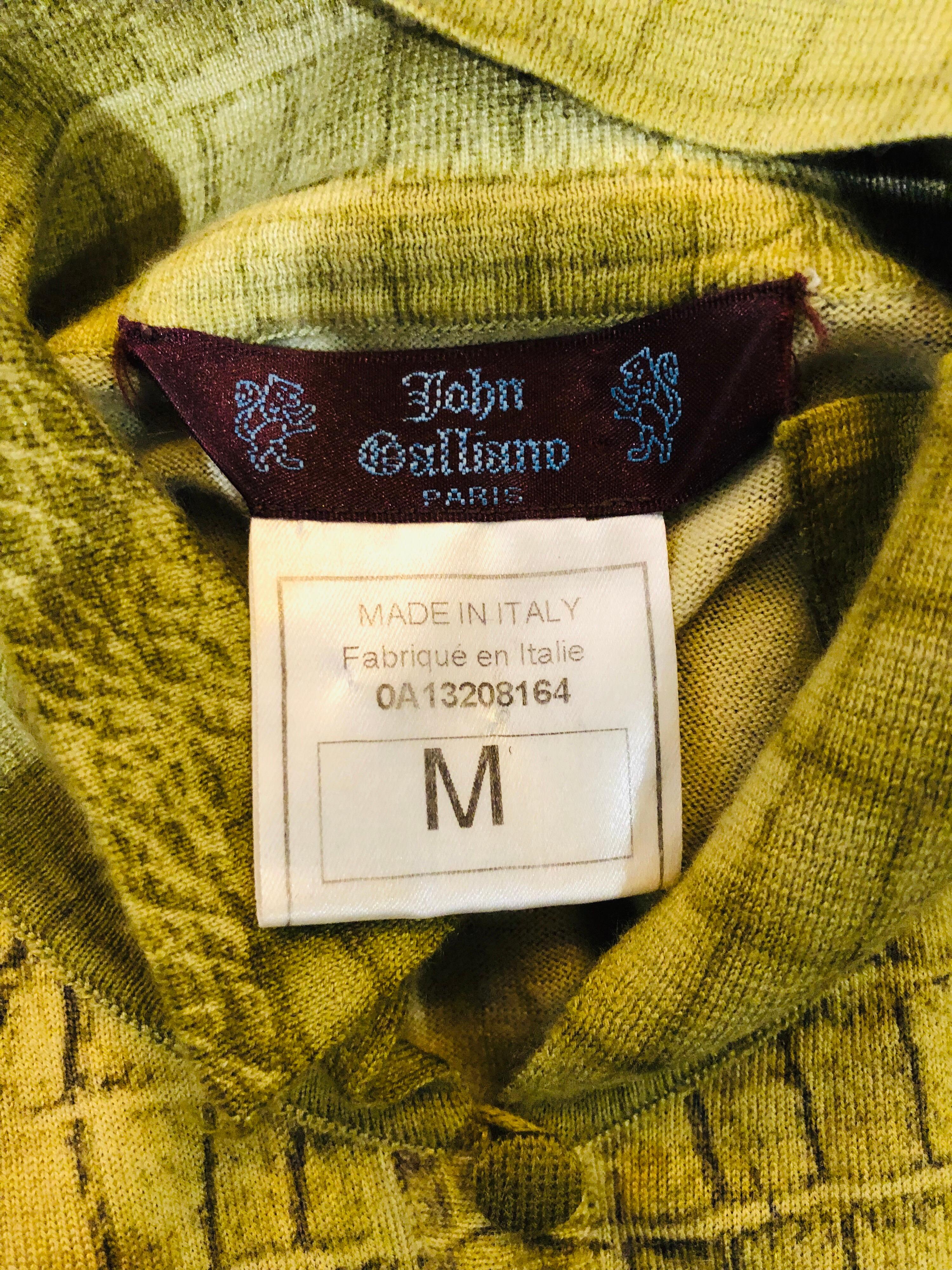 Beautiful vintage ( late 90s ) JOHN GALLIANO cashmere chartreuse green trompe l'oeil 1940s style alligator print sweater! Features a vibrant chartreuse color. Tailored fit, with plenty of stretch. Buttons up the center bust. Can easily be dressed up
