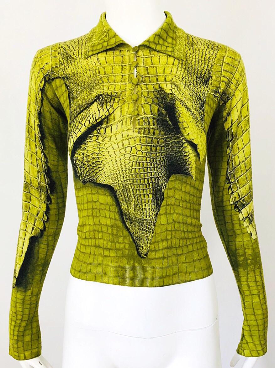John Galliano 1990s Trompe L'Oeil Cashmere Chartreuse Green Gator Print Sweater 1
