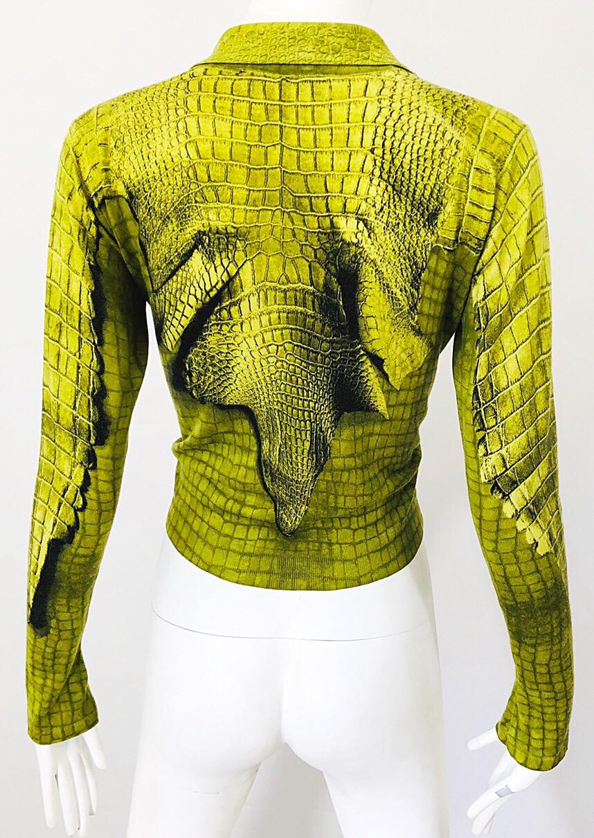 John Galliano 1990s Trompe L'Oeil Cashmere Chartreuse Green Gator Print Sweater 2