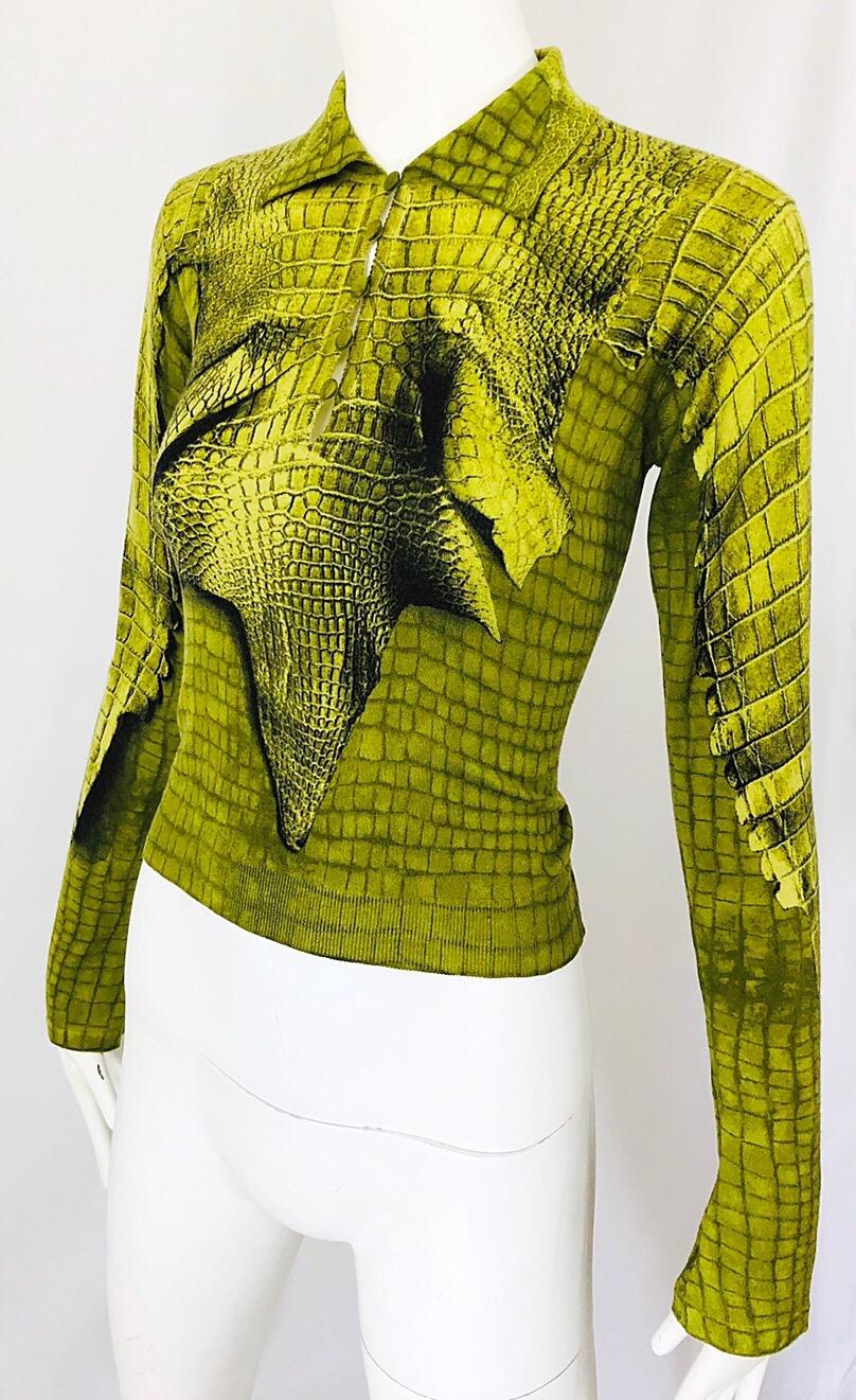 John Galliano 1990s Trompe L'Oeil Cashmere Chartreuse Green Gator Print Sweater 3