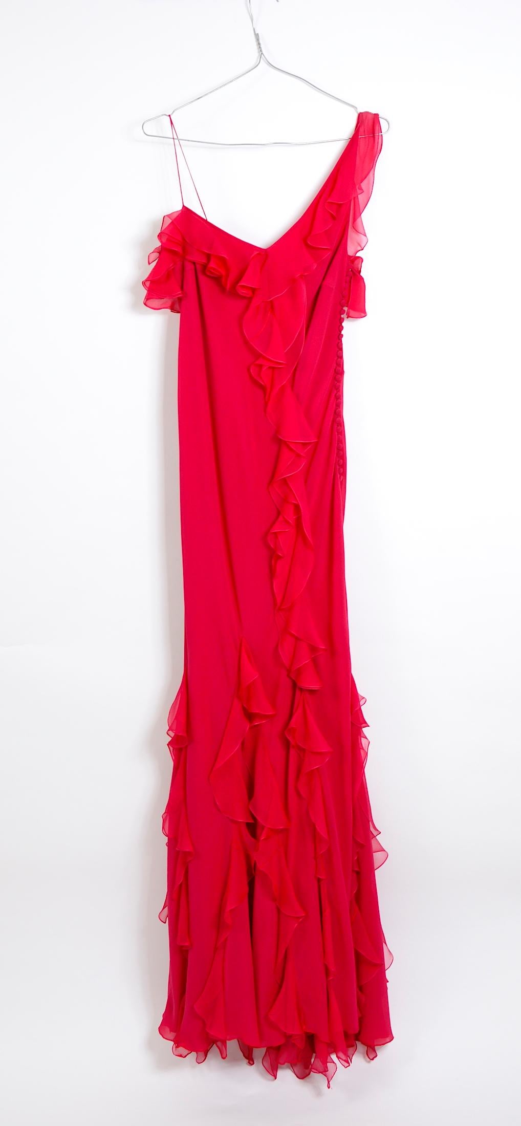 Women's John Galliano 1990s vintage red silk bias cut ruffle dress