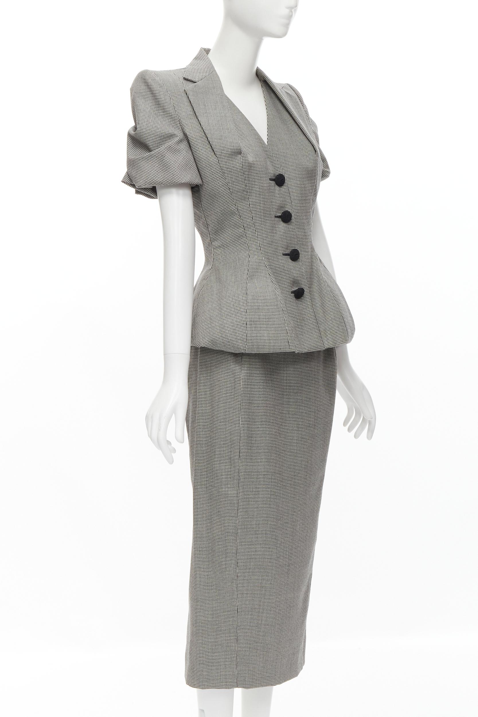 Gris JOHN GALLIANO 1995 Vintage gris pied de poule padded hip jacket skirt Madonna IT40