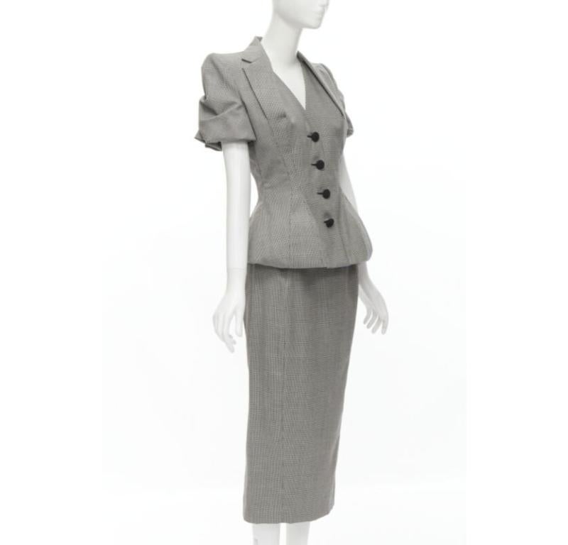 Gray JOHN GALLIANO 1995 Vintage grey houndstooth padded hip jacket skirt Madonna IT40 For Sale
