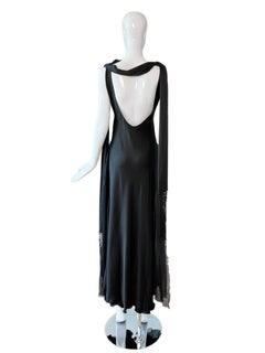 JOHN GALLIANO 1998 Vintage Black Sheer Ruffled Evening Gown w. Maxikleid mit Schal