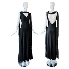 JOHN GALLIANO 1998 Vintage Black Sheer Ruffled Evening Gown w. Maxikleid mit Schal