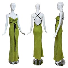 JOHN GALLIANO 1999 Vintage Green Paisley Print Gown w. Blue Velvet Trim