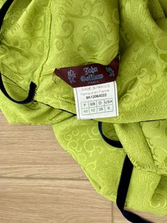 JOHN GALLIANO 1999 Vintage Grün Bedrucktes Rückenfreies Maxikleid m. Blauer Samtbesatz